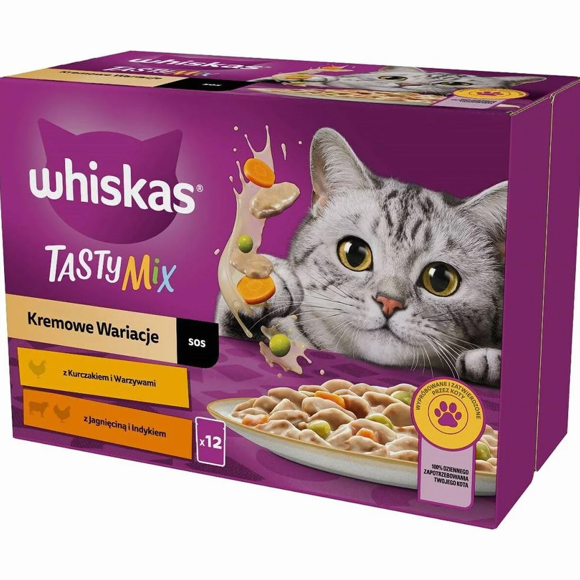 WHISKAS Adult 1+ Tasty Mix kremowe wariacje Mokra karma dla kotów w torebce z kurczakiem, jagnięciną i indykiem w sosie 12 x 85 g Opakowanie kartonowe