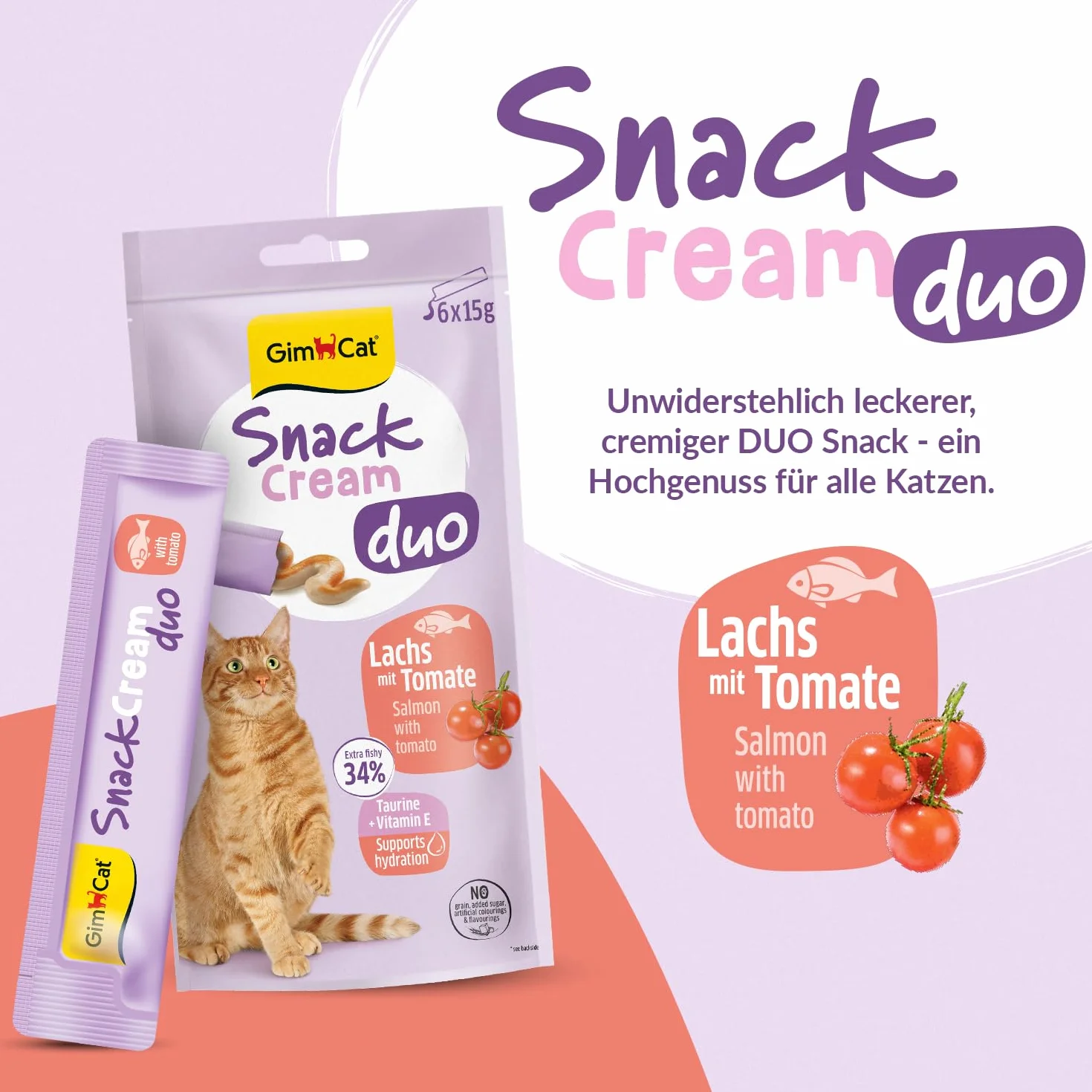 GimCat Snack Cream Duo łosoś i pomidor – krem na przekąski dla kotów – 6 sztuk (6 x 15 g)