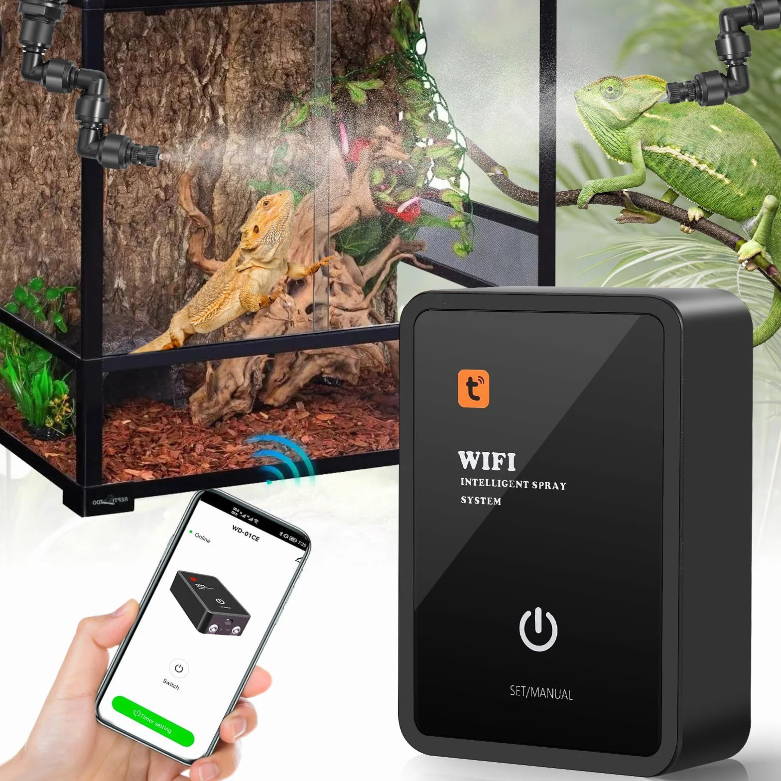 Inteligentny system nawadniania terrarium, Glovios nawilżacz terrarium z timerem i dyszami natryskowymi z regulacją 360 °, nawilżacz terrarium, nebulizator terrarium dla płazów gadów roślin