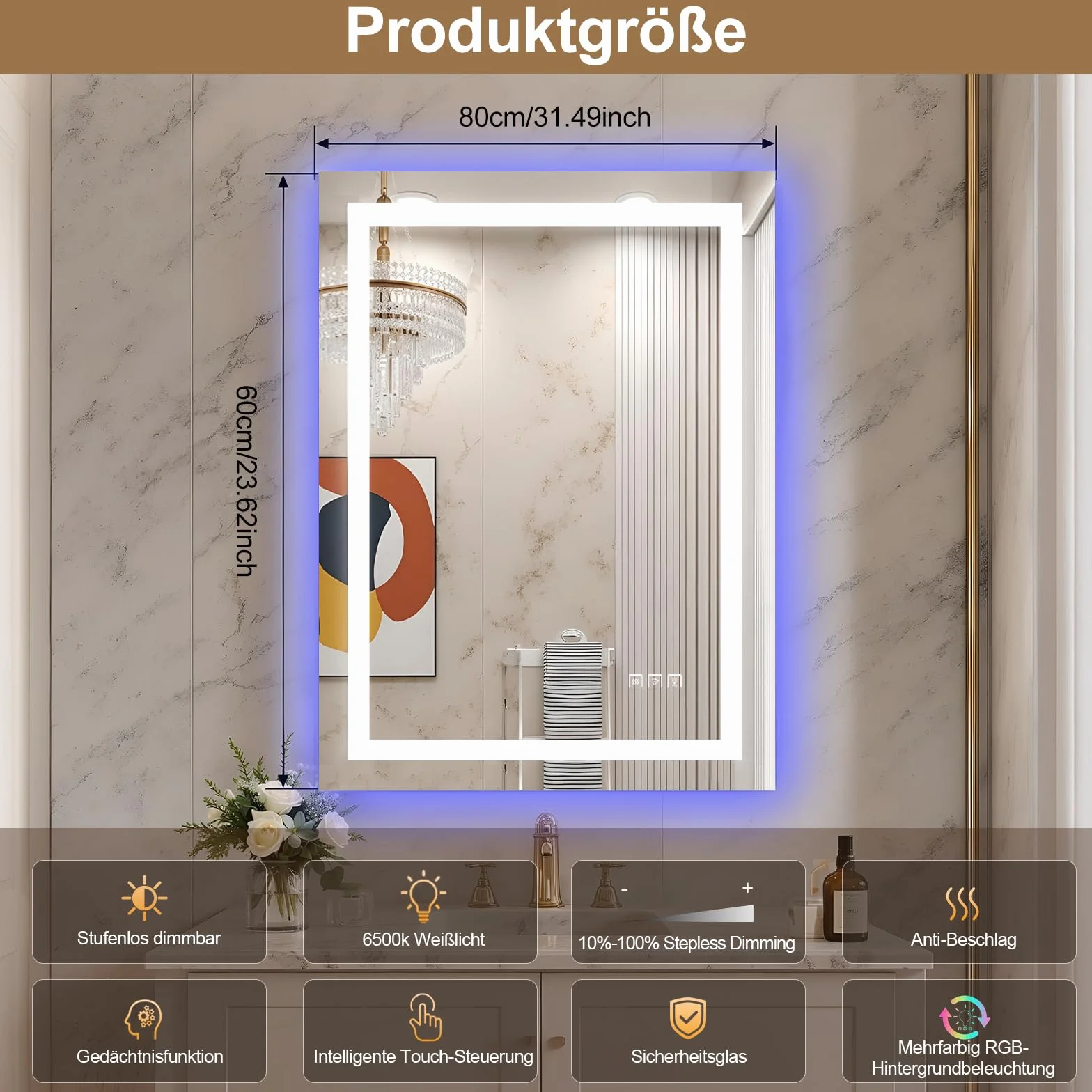 Lustro łazienkowe z oświetleniem, RGB LED, ochrona przed zaparowaniem, lustro ścienne ze światłem, inteligentne lustro, lustro łazienkowe, zmiana kolorów