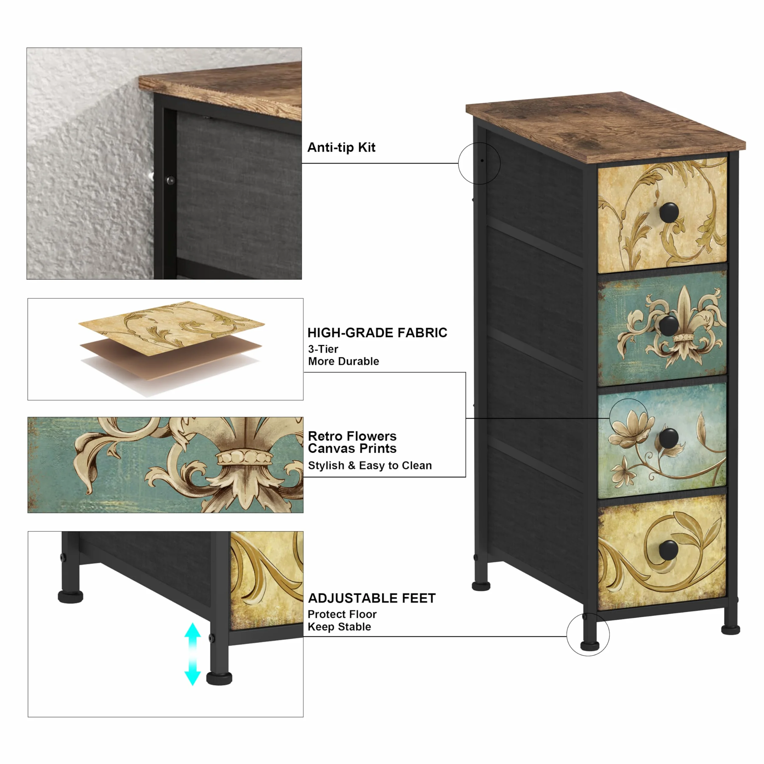 VEDECASA Wąska komoda z 4 szufladami z materiału, toaletka boho, szafka z szufladami, do sypialni, salonu, korytarza, wykonana z metalowej ramy, materiału drewnopochodnego, vintage