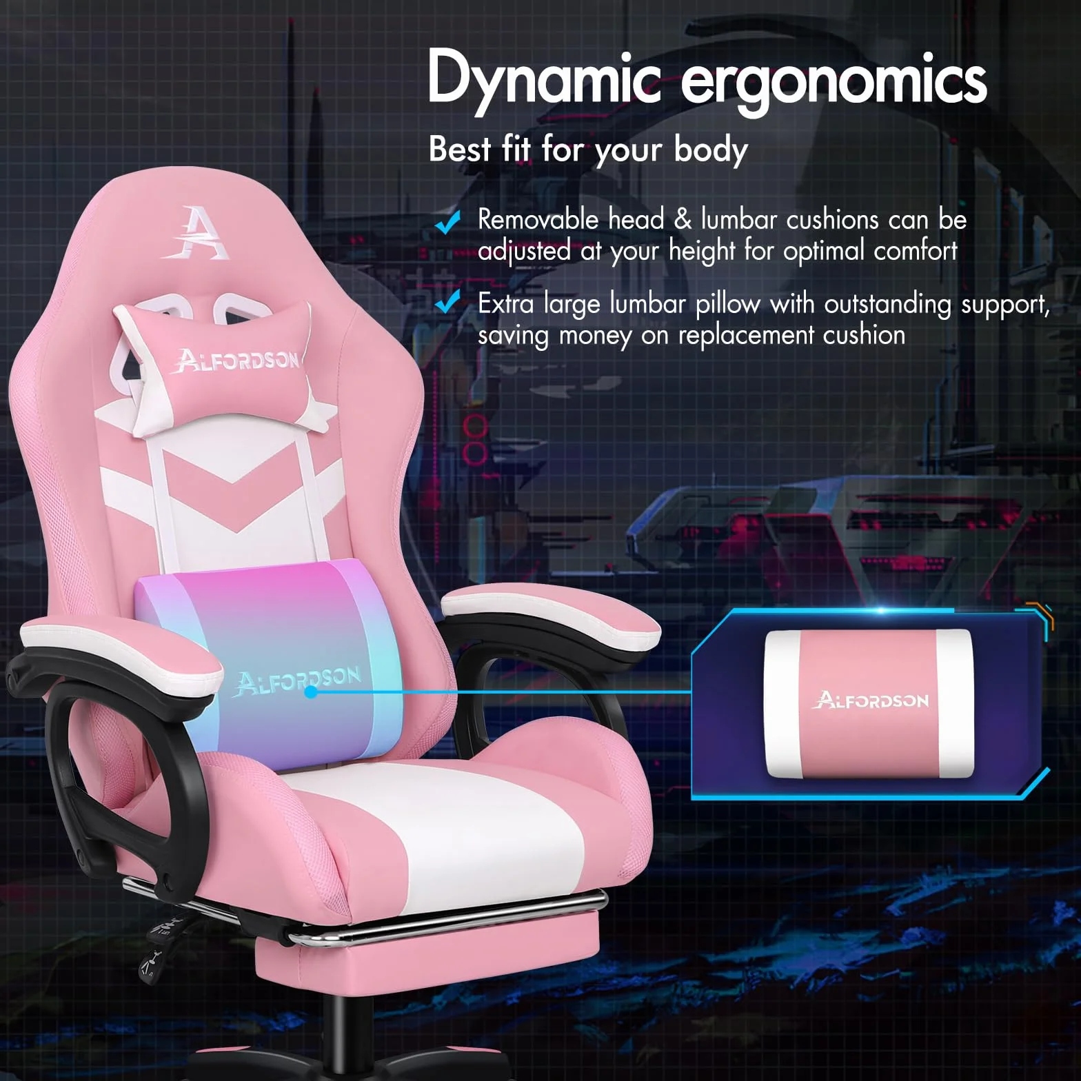 ALFORDSON Ergonomiczne krzesło do gier, krzesła do gier z podparciem lędźwiowym, zagłówek, krzesło do gier z regulacją wysokości, biurowe krzesło komputerowe dla dorosłych, dziewczynek i chłopców