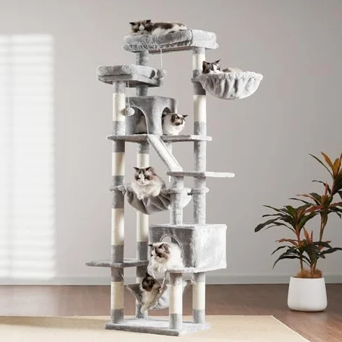 Heybly Kratzbaum 180 cm Ardaí an Chait Túr do Chait Teachtaí le 2 Léimeanna, 2 Mhaighistreachtaí Suímh Mórtha, 2 Hängematten, Corb agus Bord Cráite, Light Gray HCT034W