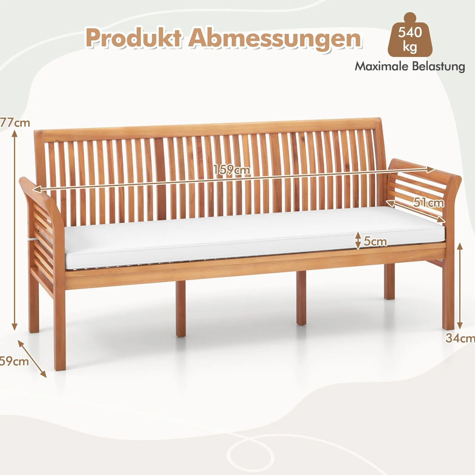 COSTWAY Ławka Ogrodowa z Drewna Akacjowego, Poduszką do Siedzenia, 3-Osobowa Sofa Ogrodowa, Balkonowa, Obciążenie 540 kg, Parkowa na Taras, Balkon, Ogrodu, 159