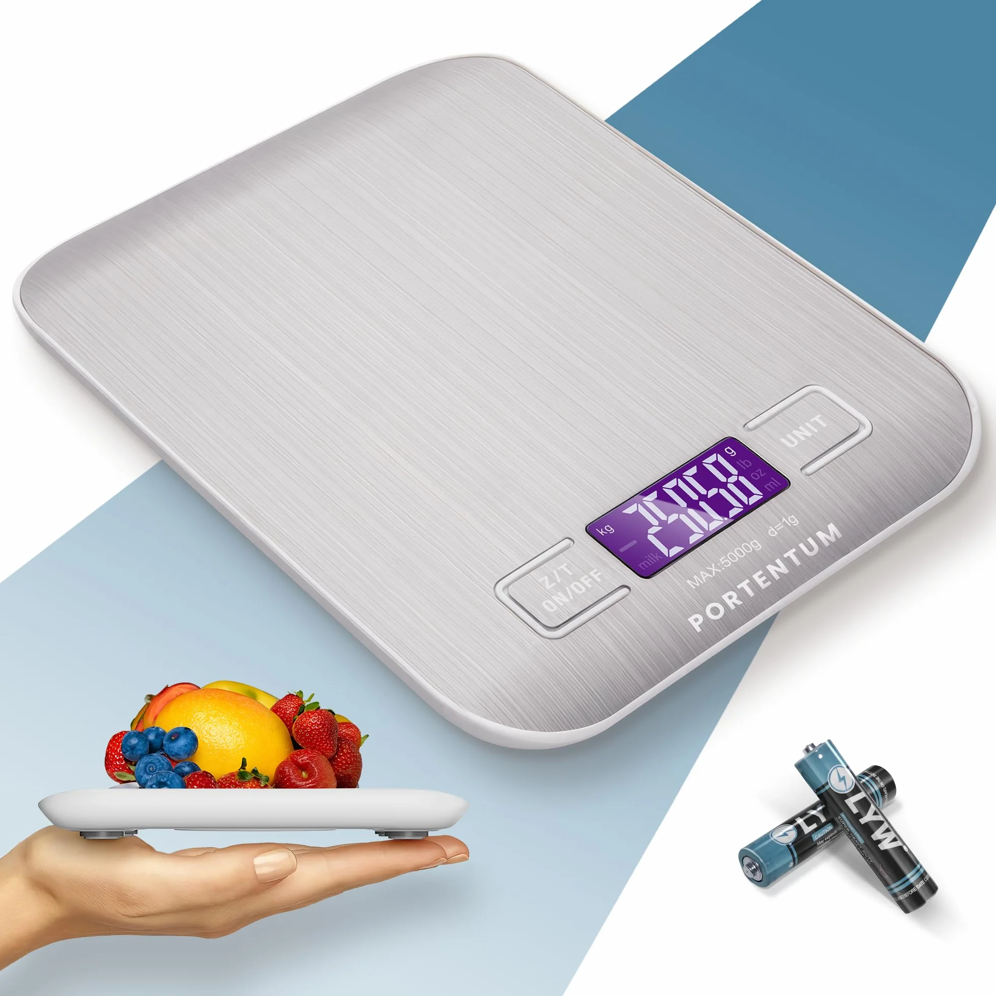 PORTENTUM - Waga kuchenna z wyświetlaczem LCD, stal nierdzewna, precyzyjna waga kuchenna od 1 gram do 5 kg/11 lbs [wyłącznie na Amazon]