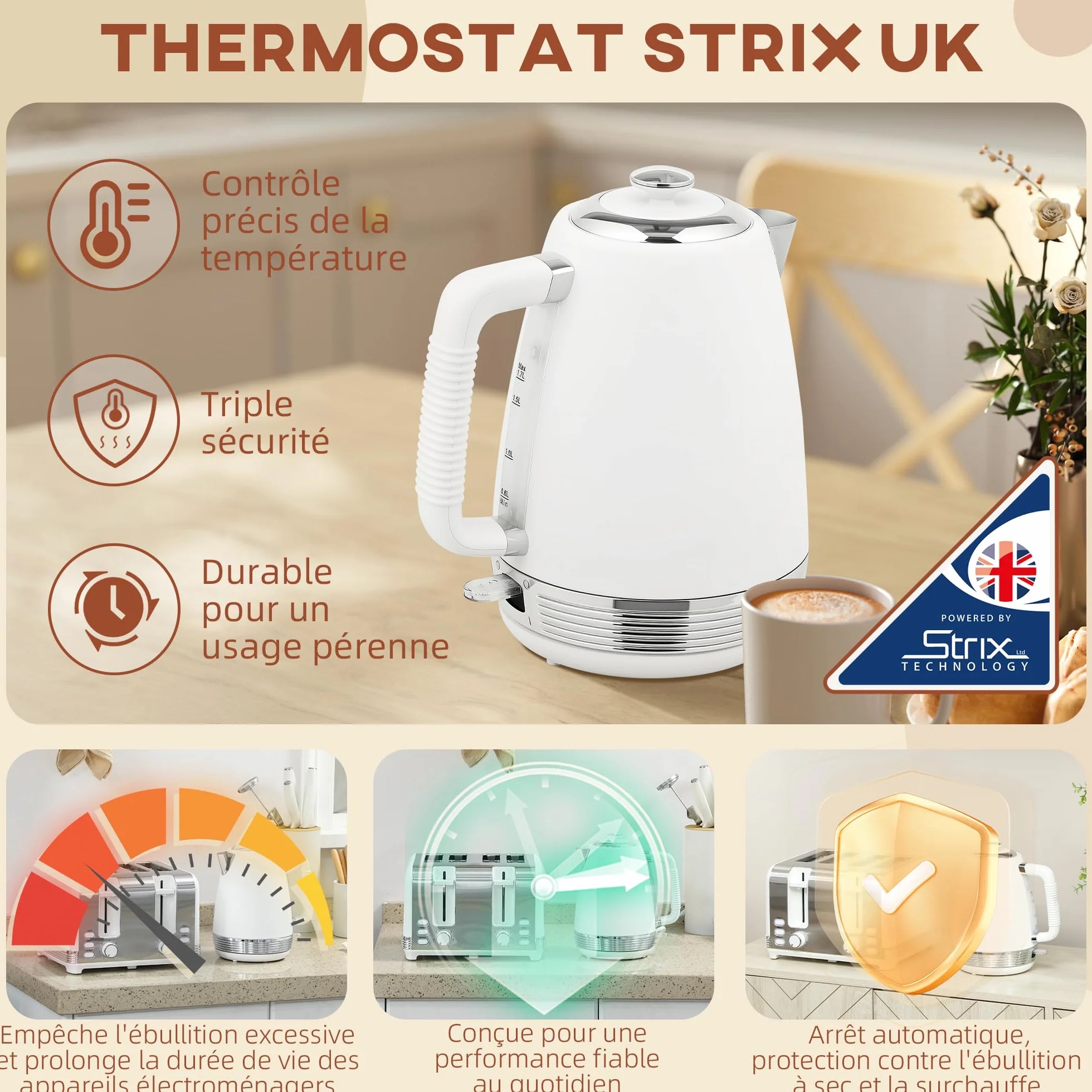 HOMCOM Zestaw czajników i tosterów ze stali nierdzewnej 2200 W i 1,7 l, toster z 4 kromkami, 7 poziomów brązowienia, szybkie nagrzewanie, termostat Strix, filtr zapobiegający osadzaniu się kamienia i