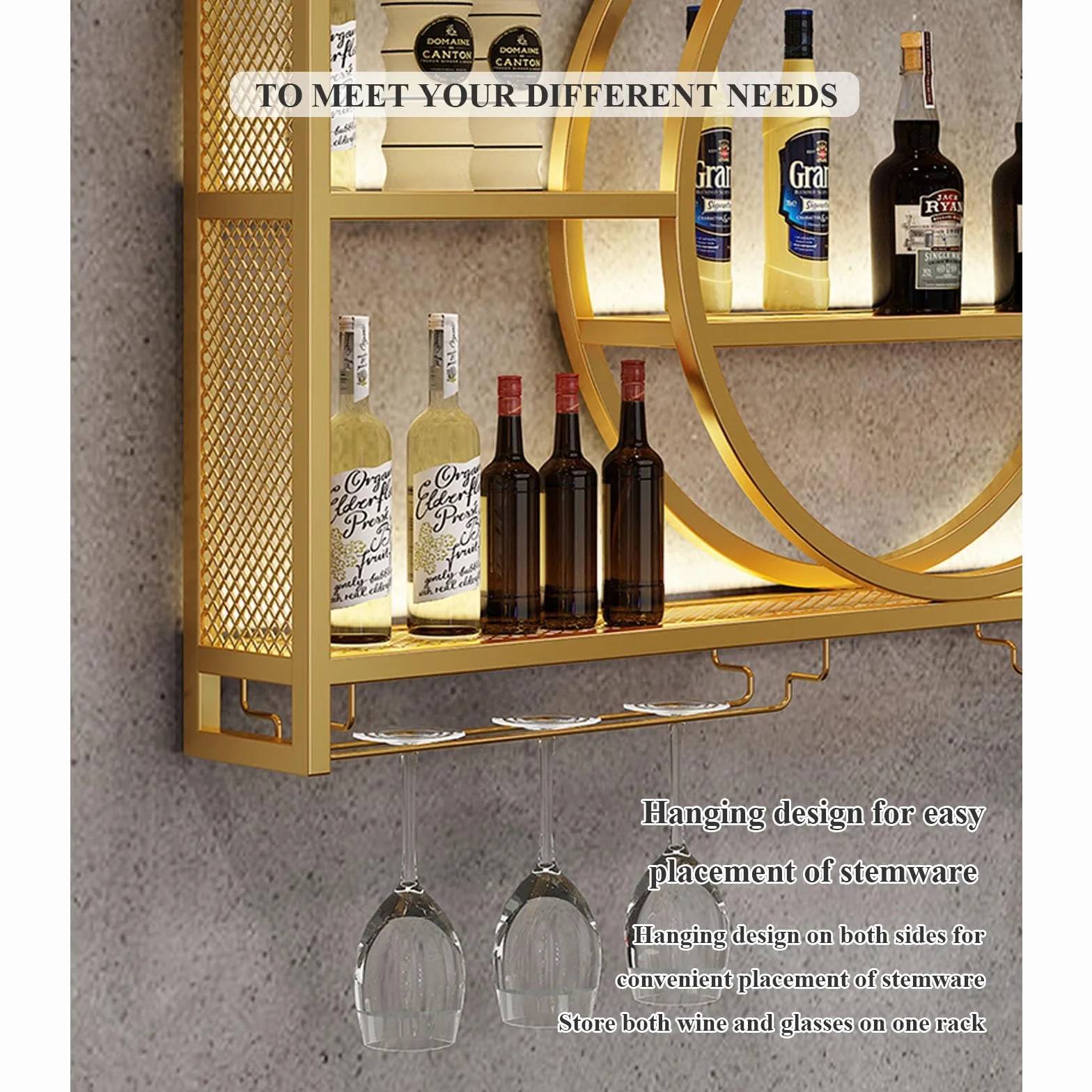 Upgrade Metal Wine Rack Wall Mounted Bar Shelves Wall Mounted With LED Light Iron Wine Shelf With Wine Glass Holder Wall Wine Racks,Bar Shelves For Liquor Bottles For Kitchen Living Room(Black,47.2in/