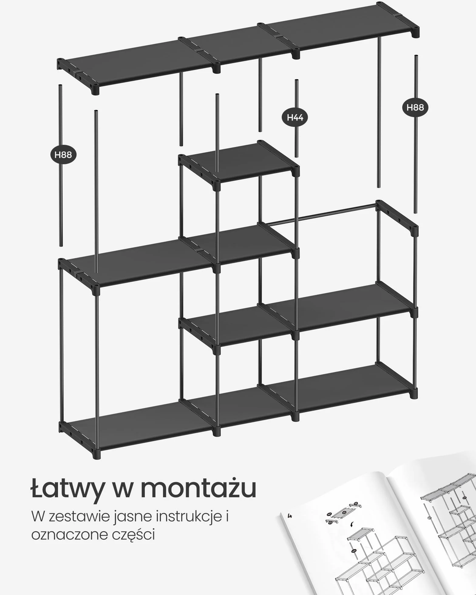 SONGMICS Szafa na ubrania, przenośna szafa, otwarta szafa do przechowywania, wieszak na ubrania, 182 x 43 x 182 cm, 2 wiszące pręty i półki, do sypialni, salonu, pralni, czarny atrament RYG037B02