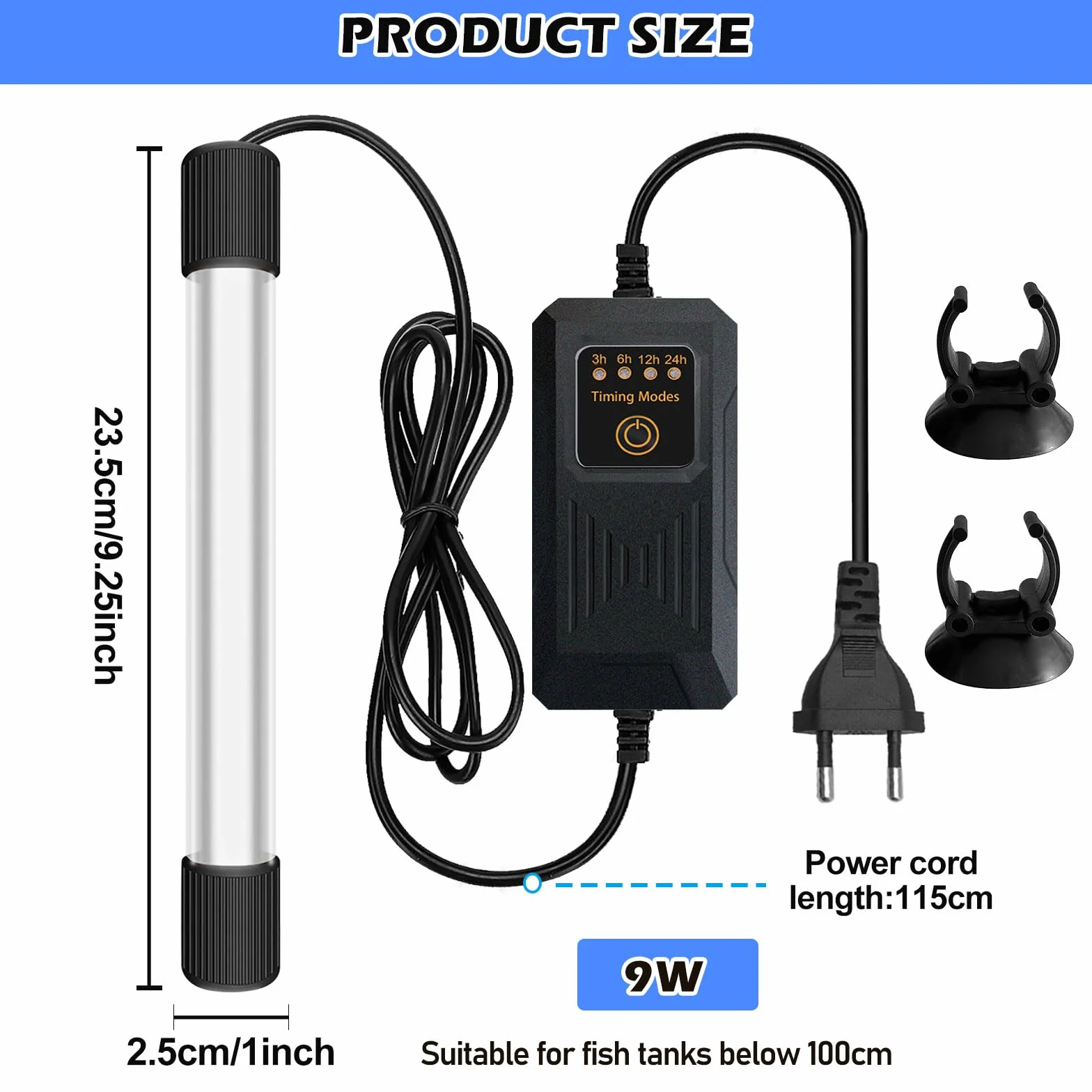 Akwarium sterylizator UV, sterylizator UV, akwarium z timerem, lampa do sterylizacji UV z przyssawką, lampa UV zabójcza bakterie, lampa UV, do czyszczenia akwarium, akwarium, akwarium, stawu (9 W)