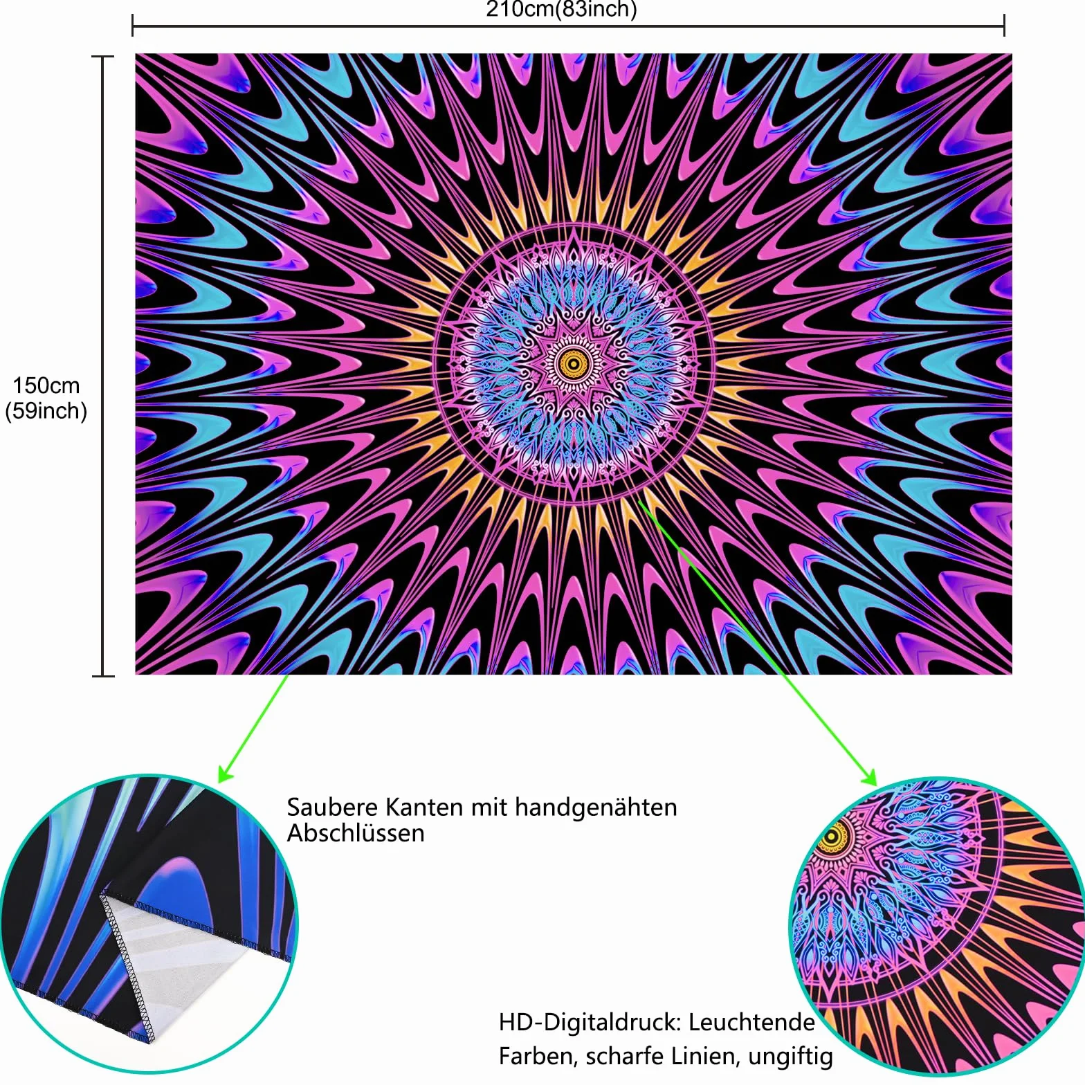 Alishomtll Czarno-kolorowy, dywan ścienny w stylu boho, mandala, reaktywna na promieniowanie UV, psychodeliczny hipisowski dywan ścienny, dekoracja domu, do sypialni, na imprezę, 210 x 150 cm