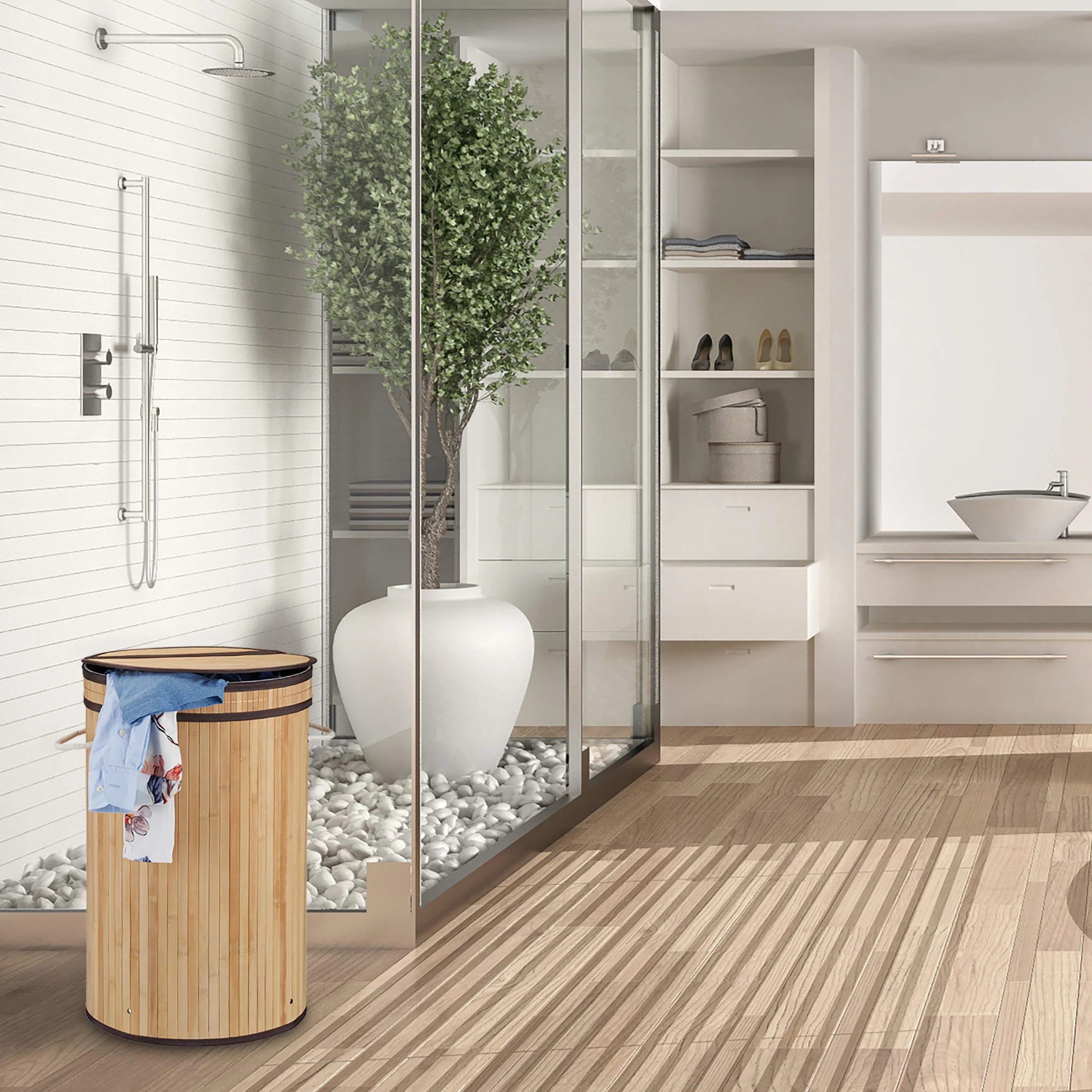 Relaxdays Bambusowy kosz na pranie, okrągły kosz na pranie z pokrywą na zawiasach, 65 l, składany pojemnik na pranie, okrągły, Ø 40 cm, naturalny