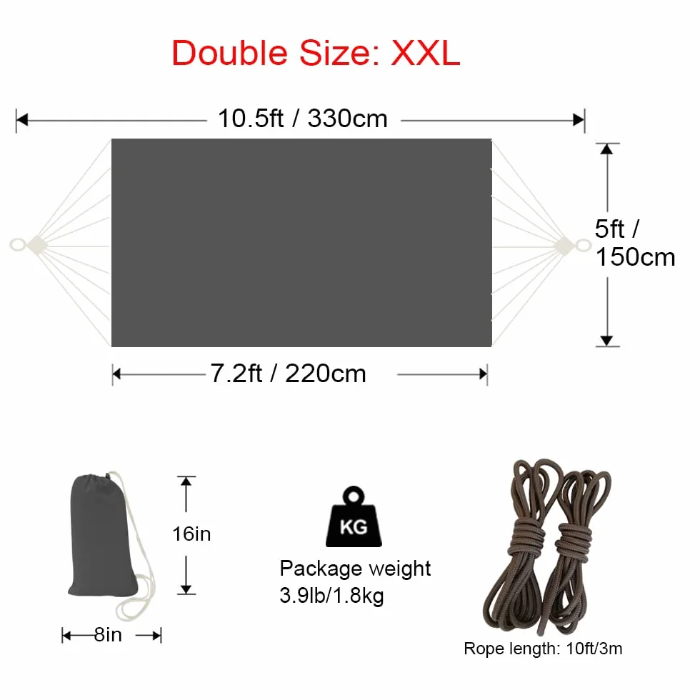 GOCAN Hamak na zewnątrz, 2 osoby, 220 x 150 cm, całkowita długość 330 cm, obciążenie 300 kg, płótno, bawełniany hamak do ogrodu, do wewnątrz, na balkon, dla dzieci, ciemnoszary, XXL