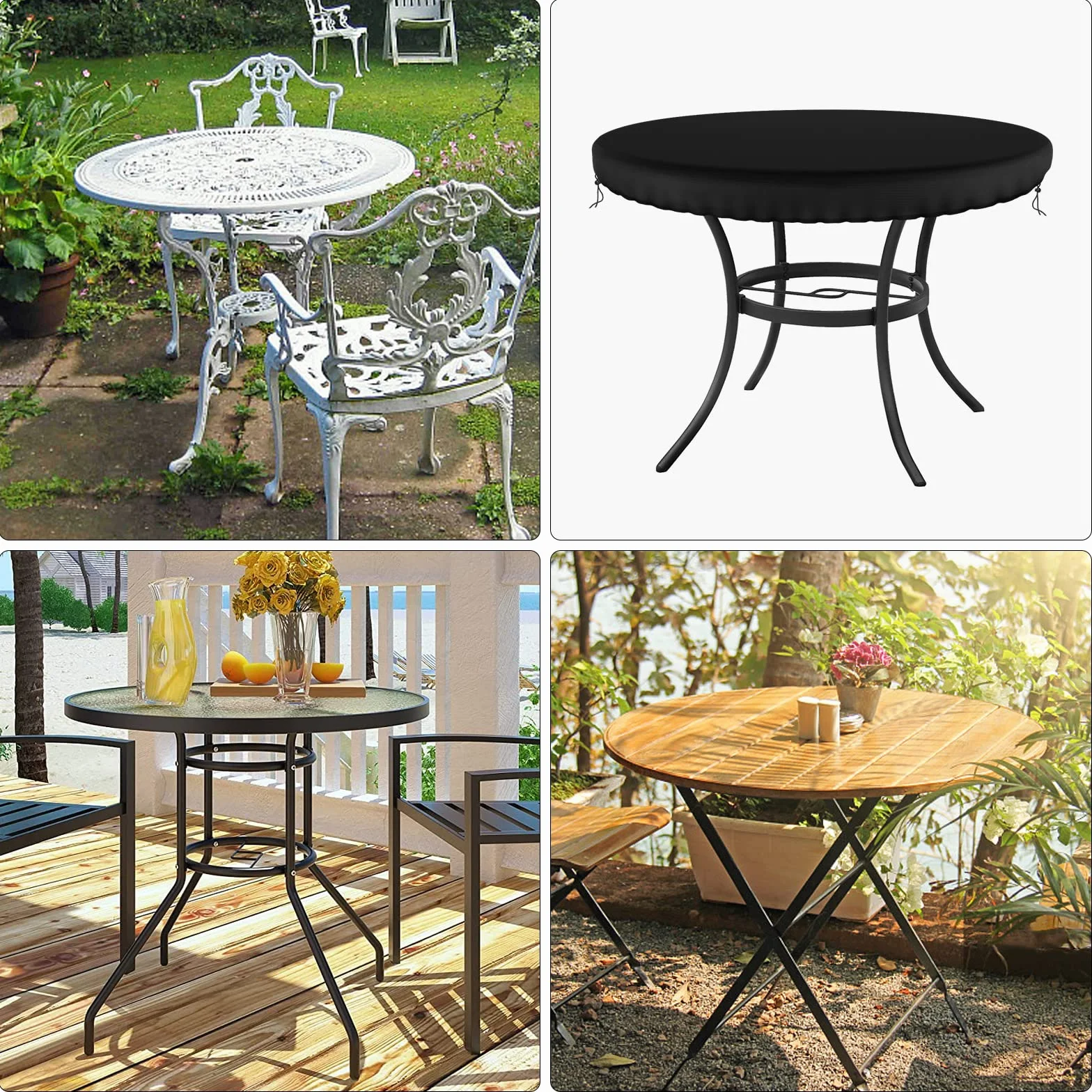 Pokrowiec na stół ogrodowy, okrągły, wodoodporny, na zewnątrz patio, pokrowiec na blat stołu 420D, tkanina Oxford, ochrona przed wiatrem, 94 cm, czarny