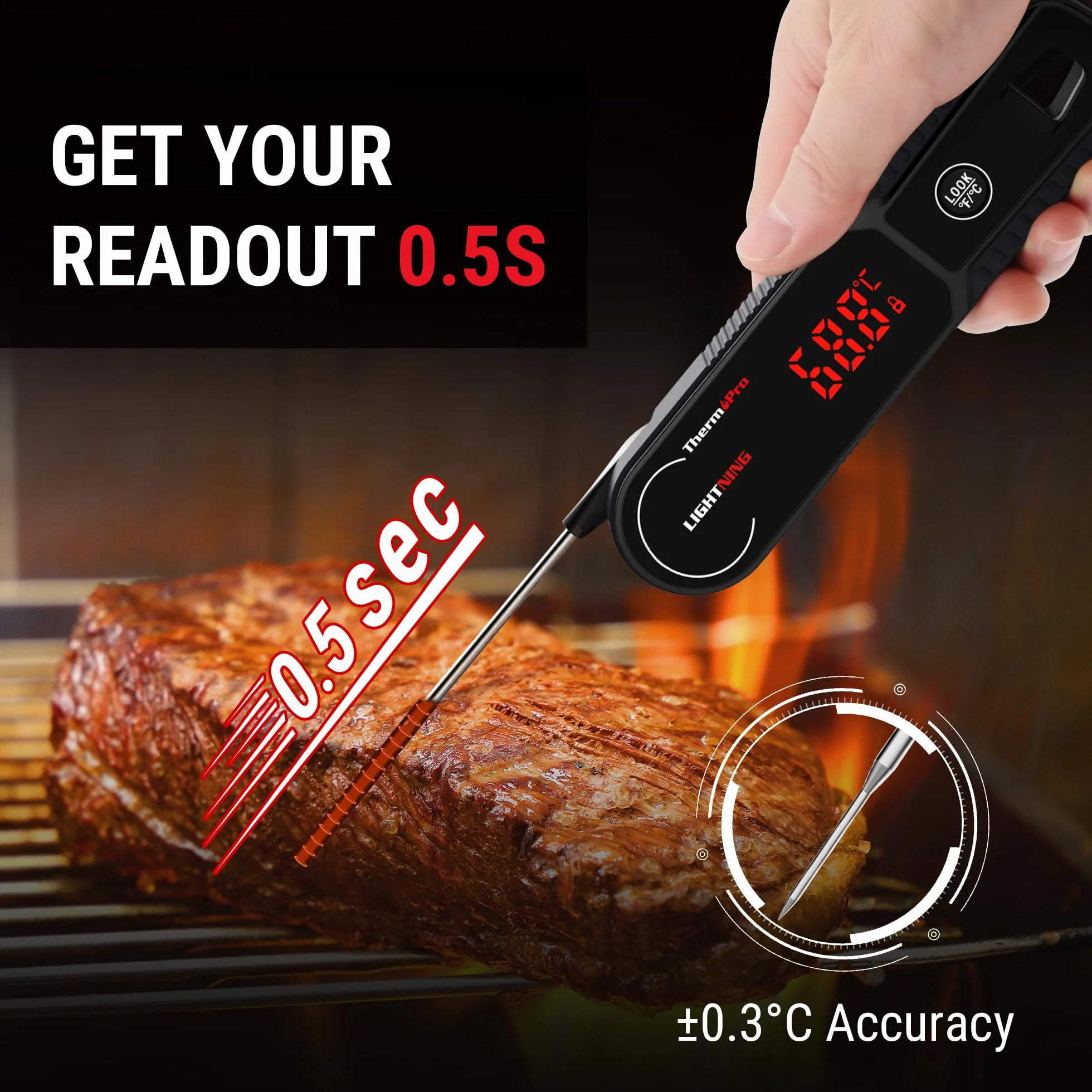 ThermoPro Lightning Termometr do mięsa z natychmiastowym odczytem w jednej sekundzie, kalibrowalny termometr kuchenny do żywności z dwustronnym wyświetlaczem, wodoodporny termometr kuchenny do