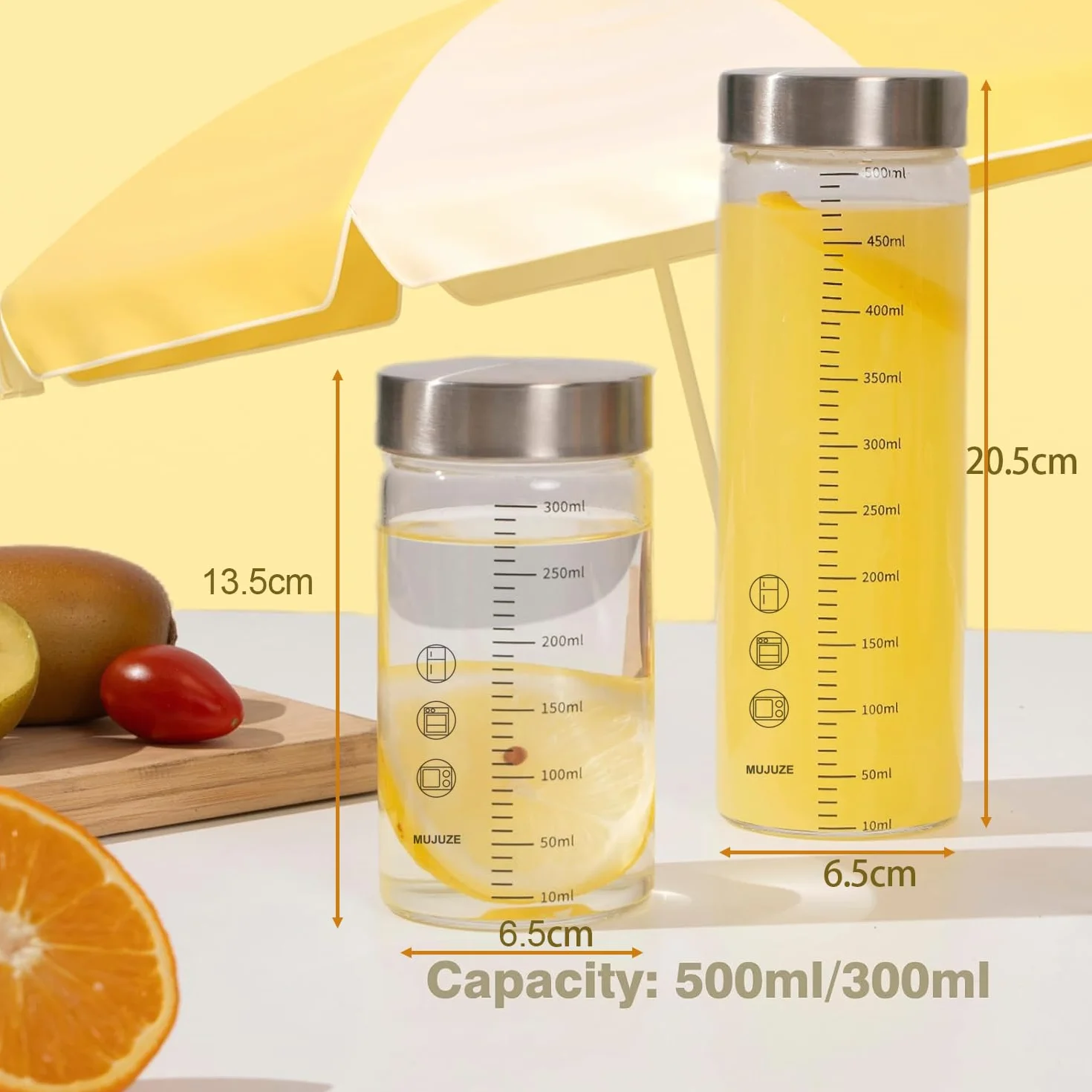 MUJUZE Szklane butelki 300 ml, z pokrywką ze stali nierdzewnej, 4 sztuki w zestawie ze skalą pomiarową, do soków, smoothie, mleka, szklanych butelek na sok, bez BPA, wielokrotnego użytku, szklana