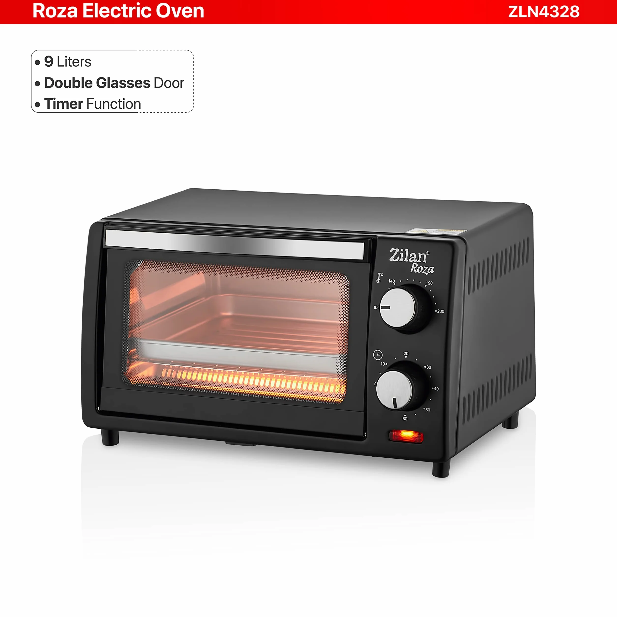 Zilan - piec elektryczny 9 l, podwójne szkło bezpieczne, timer, 2 sztuki oporu kwarcowego, taca na okruchy, 1 kwadratowa płyta, chromowana kratka, 800 W
