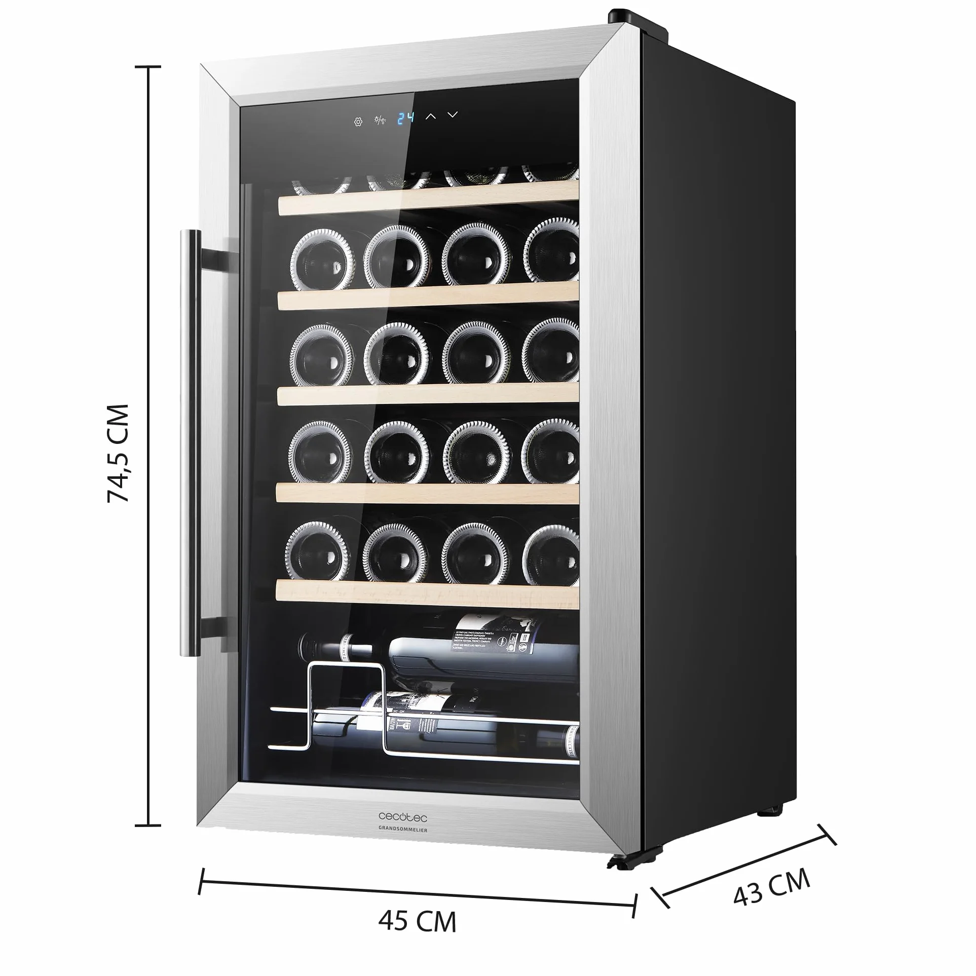 Cecotec Winiarnia, chłodziarka na wino, 24 butelki Bolero GrandSommelier 2450 Inox Compressor. Regulowana temperatura 5-18ºC, wysoka wydajność, cicha praca i brak wibracji
