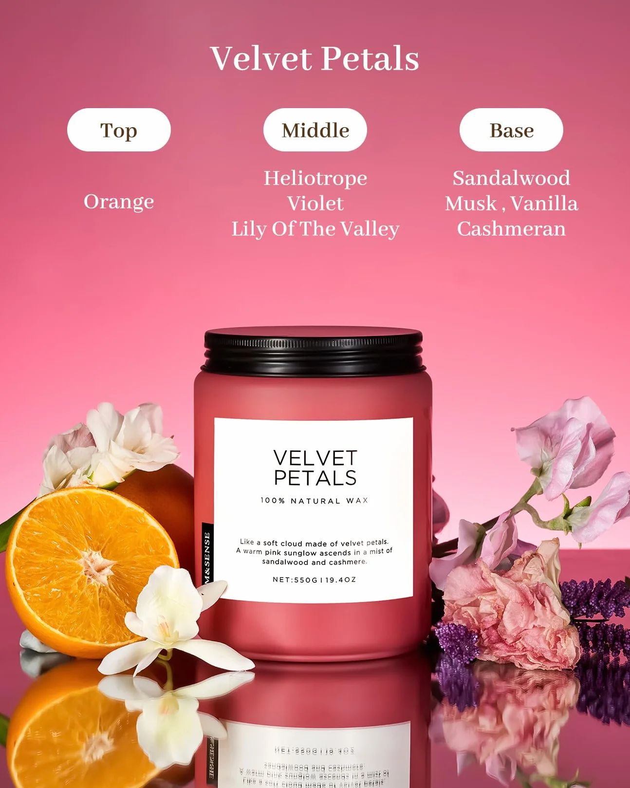 M&SENSE Świeca zapachowa Violet w szklanym słoiku 550 g naturalna, nietoksyczna świeca z wosku sojowego o czasie palenia 110 godzin, 2 knoty