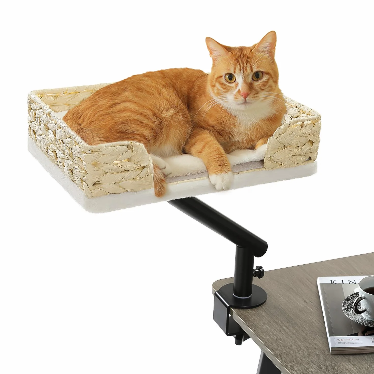 PAWZ Road Biurko dla kotów z wiklinowym legowiskiem, hamak, obrót 360°, regulowany, obciążenie 22,7 kg, białe