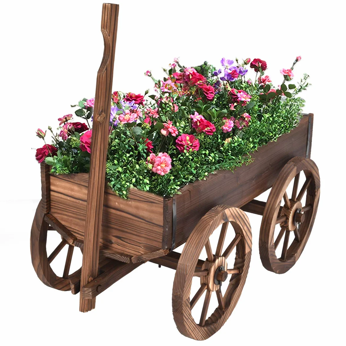 GIANTEX Taczka z drewna jodłowego, taczka ogrodnicza z 4 dużymi kołami, długi regulowany uchwyt, idealna do ogrodnictwa na zewnątrz, 75 x 43 x 54 cm, brązowa