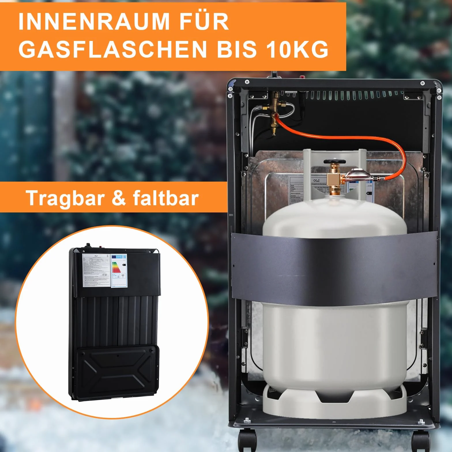 Piec gazowy, grzejnik gazowy, 4,2 kW, składany, 305 g/h, zużycie gazu, pojemność grzewcza 80 m³, ODS, zabezpieczenie przed przewróceniem, zapłon piezoelektryczny, z regulatorem ciśnienia i