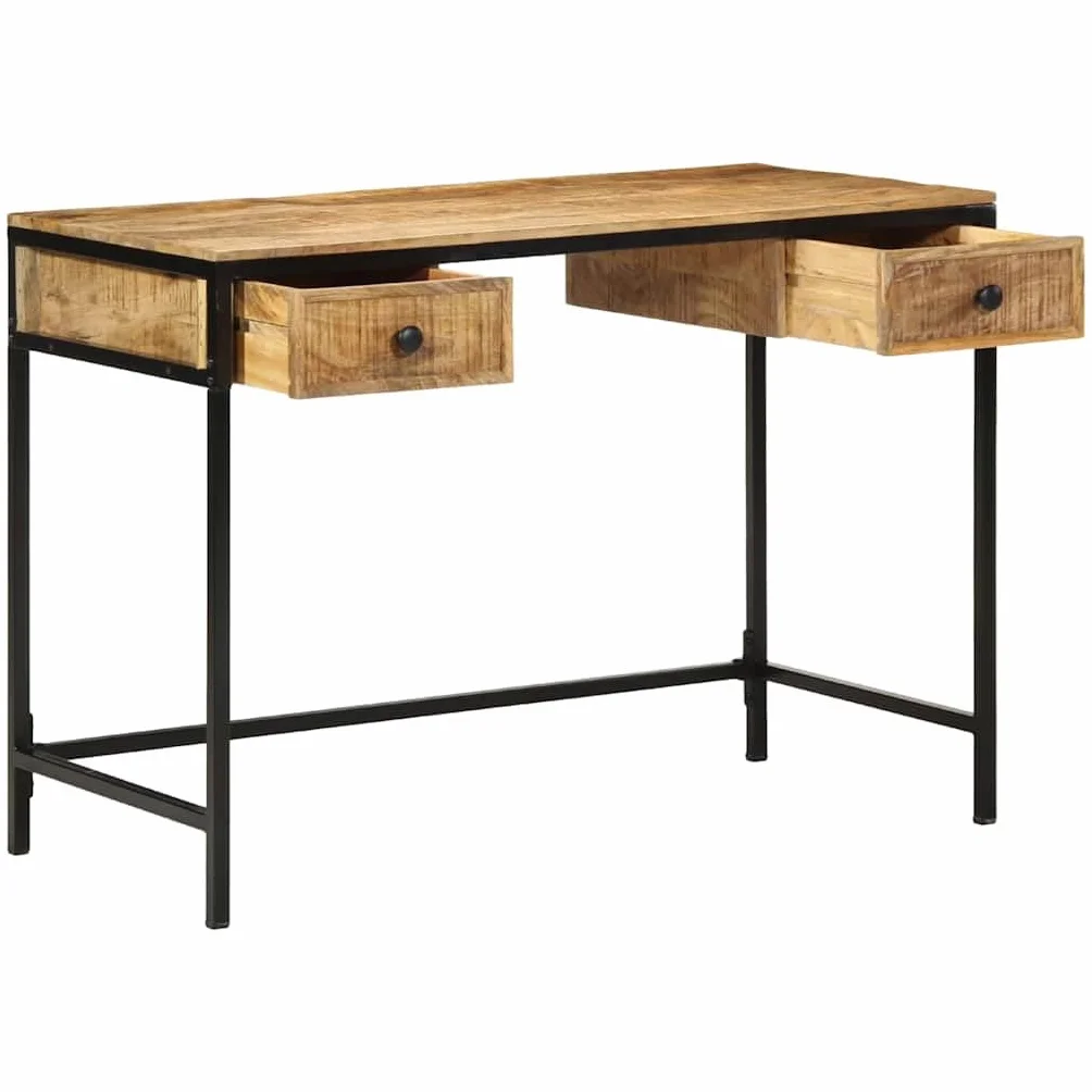 Rustykalne biurko z litego drewna mango z metalową ramą, brązowe 105 x 50 x 75 cm, do sypialni lub gabinetu, z praktycznymi przegródkami na przybory piśmiennicze