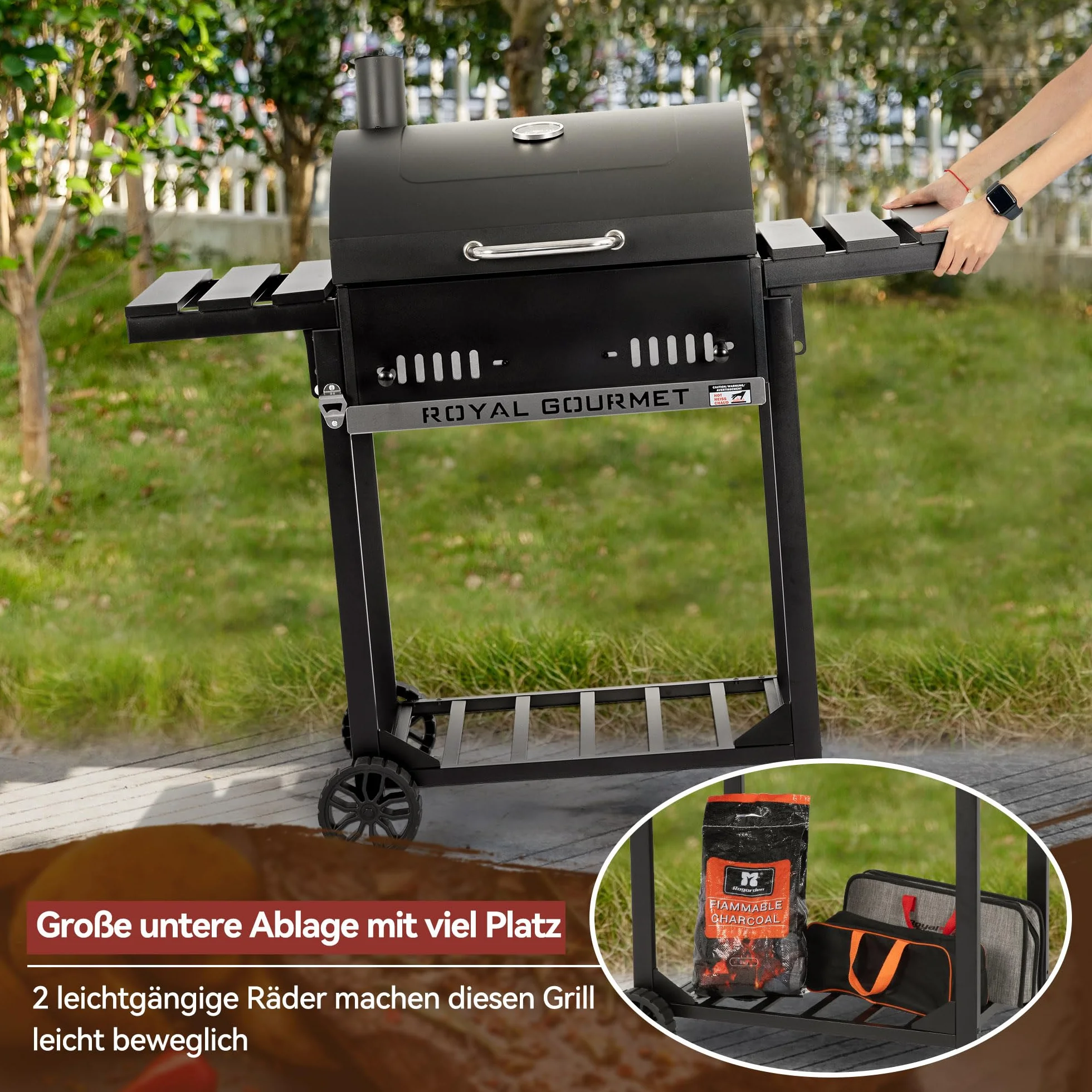 Royal Gourmet Grill na węgiel drzewny, grill na kółkach ze składanymi półkami bocznymi, grill stojący z Decekl, termometr, grill węglowy, czarny