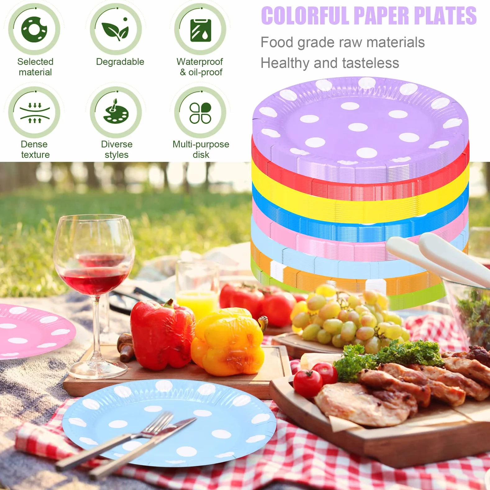 AMJKEJI 80 sztuk kolorowych talerzy papierowych, zestaw urodzinowy, 18cm okrągłe talerze papierowe z białymi kropkami, talerze imprezowe na urodziny dziecka, wesele, piknik, Boże Narodzenie