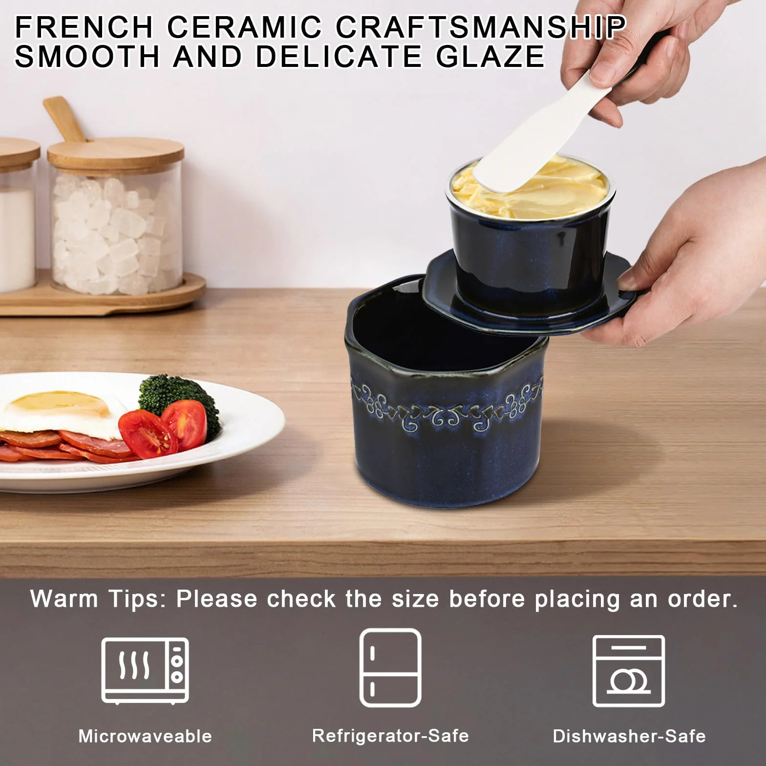 Francuska maselniczka, ceramika 250 g z nożem ceramicznym, chłodzona wodą z linią wodną, porcelana do kuchni