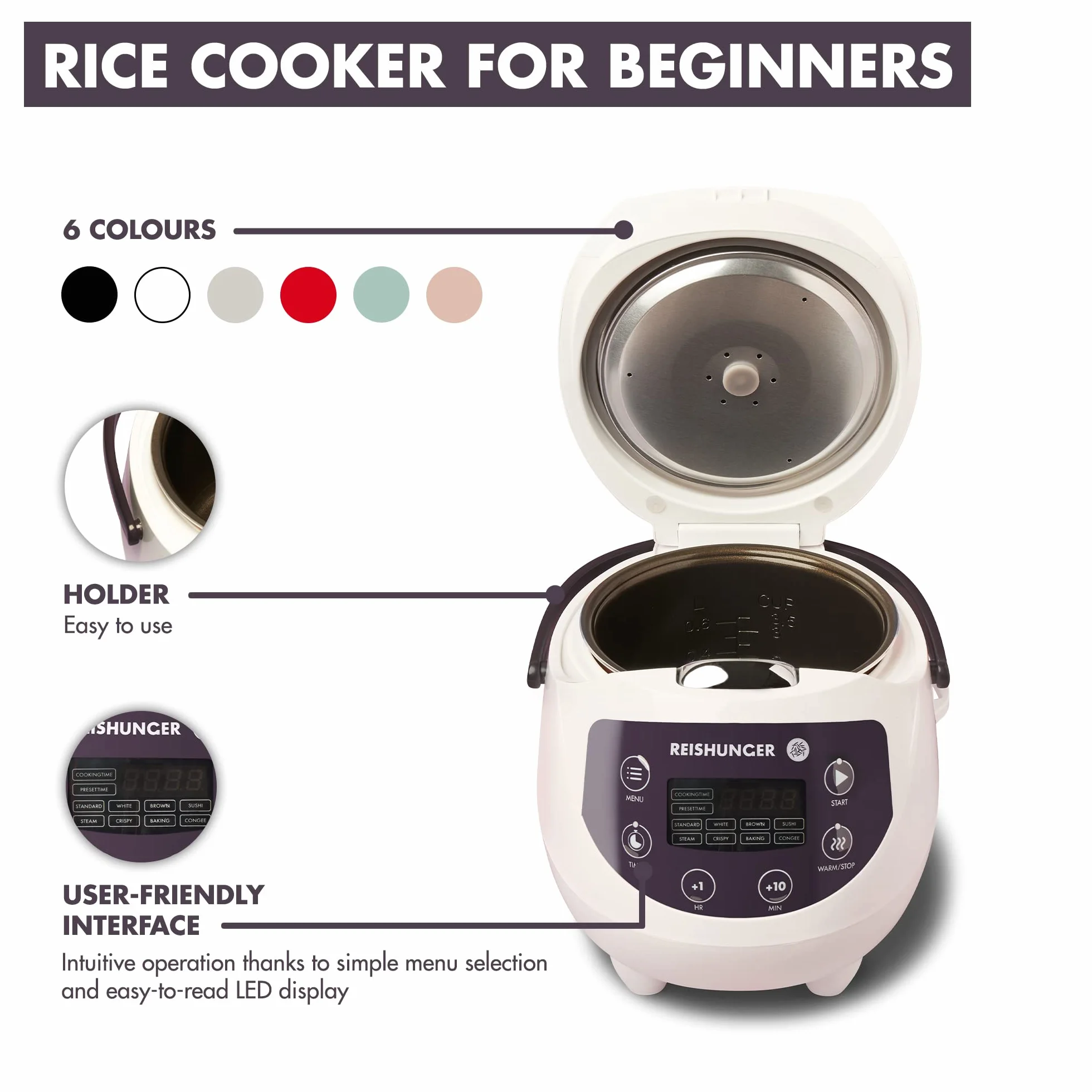 Reishunger Cyfrowy mini ryżowar i parowar w kolorze biały - Funkcja utrzymywania ciepła, minutnik & garnek premium - mały multicooker, 8 programów, 7-fazowa technologia gotowania, 1-3 osoby