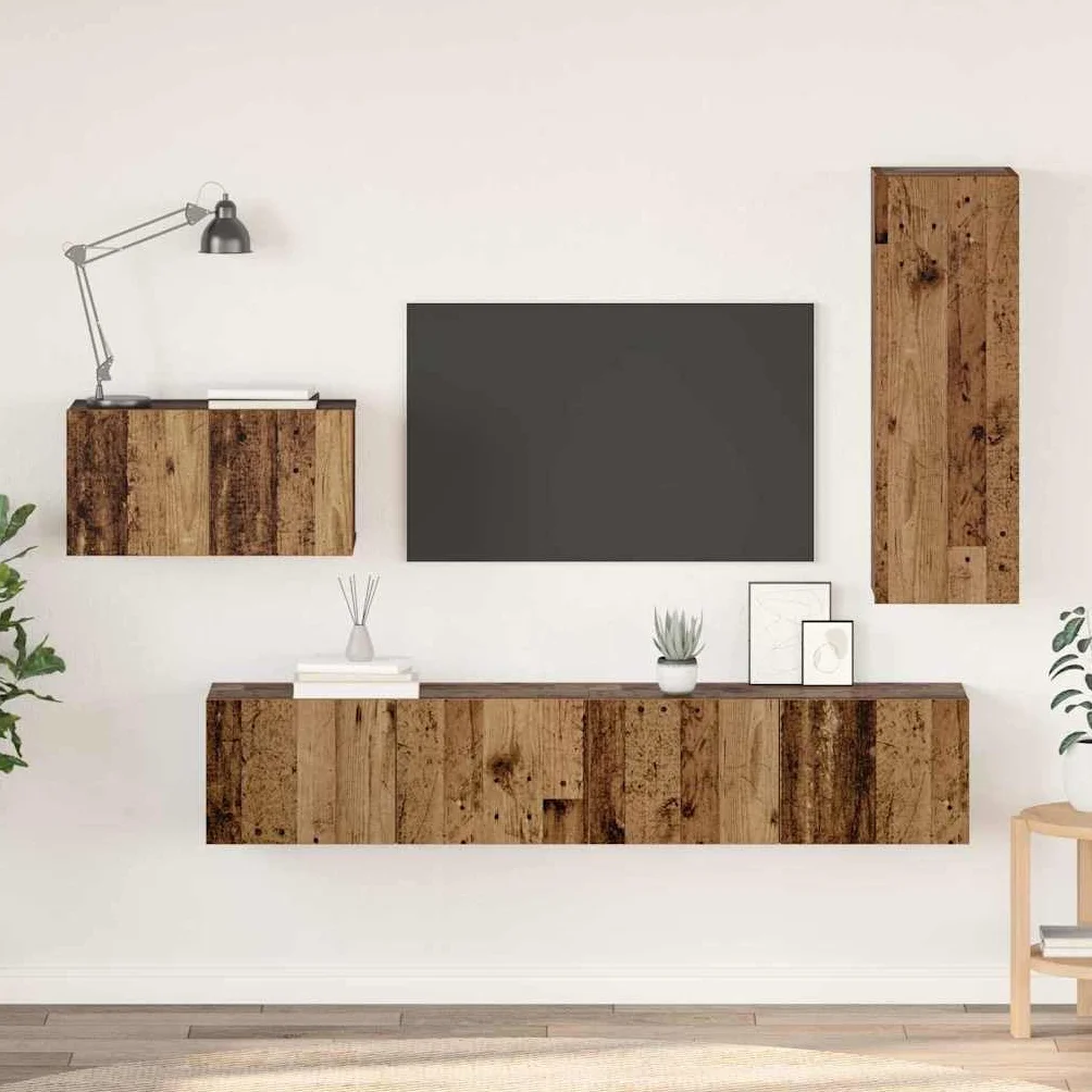 4-częściowy zestaw szafek pod telewizor, stare drewno, 30,5 x 30 x 90 cm, materiał drewnopochodny, wisząca, nowoczesny design, konsola do salonu, oszczędność miejsca