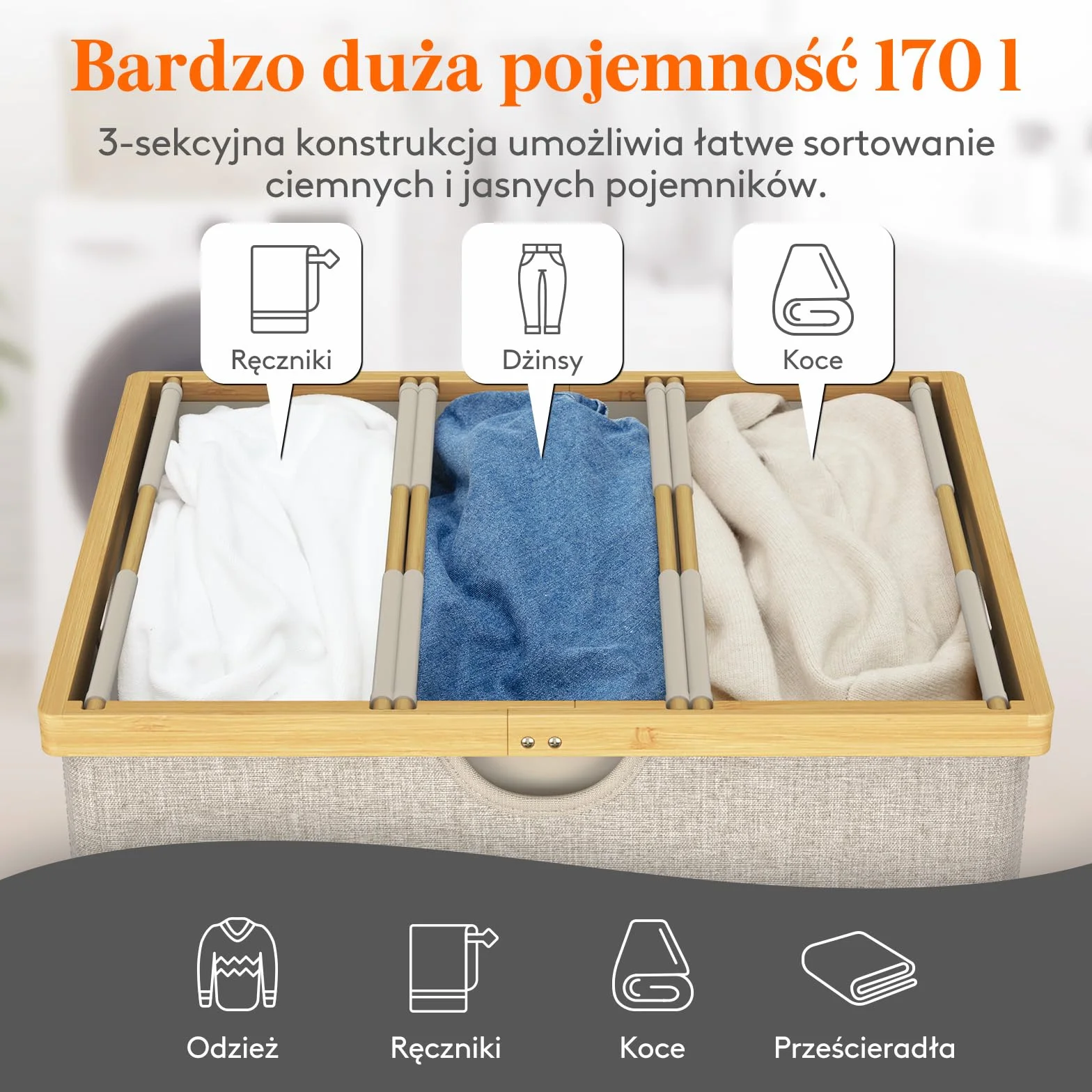 Lifewit 170L Potrójny Kosz na Pranie z Pokrywą, Bardzo Duży Bambusowy Kosz na Brudne Ubrania, 3-Sekcyjny Kosz na Pranie do Pralni i Sypialni z 3 Wyjmowanymi Wkładkami i Workami,Beżowy