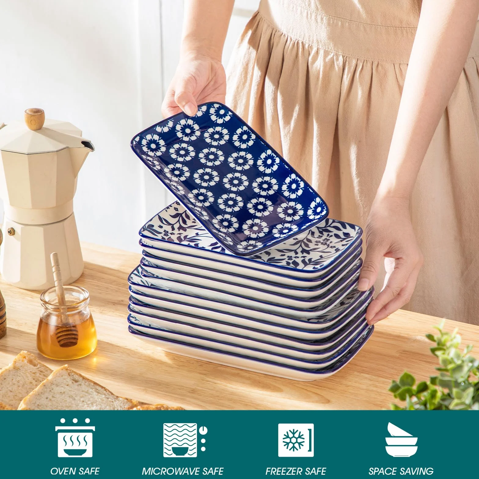 vancasso Selene Półmisek do serwowania, 21,5 cm, zestaw 6 sztuk, porcelanowe prostokątne małe talerze do serwowania, nadają się do mycia w zmywarce i kuchenki mikrofalowej, talerze do sushi na imprezę