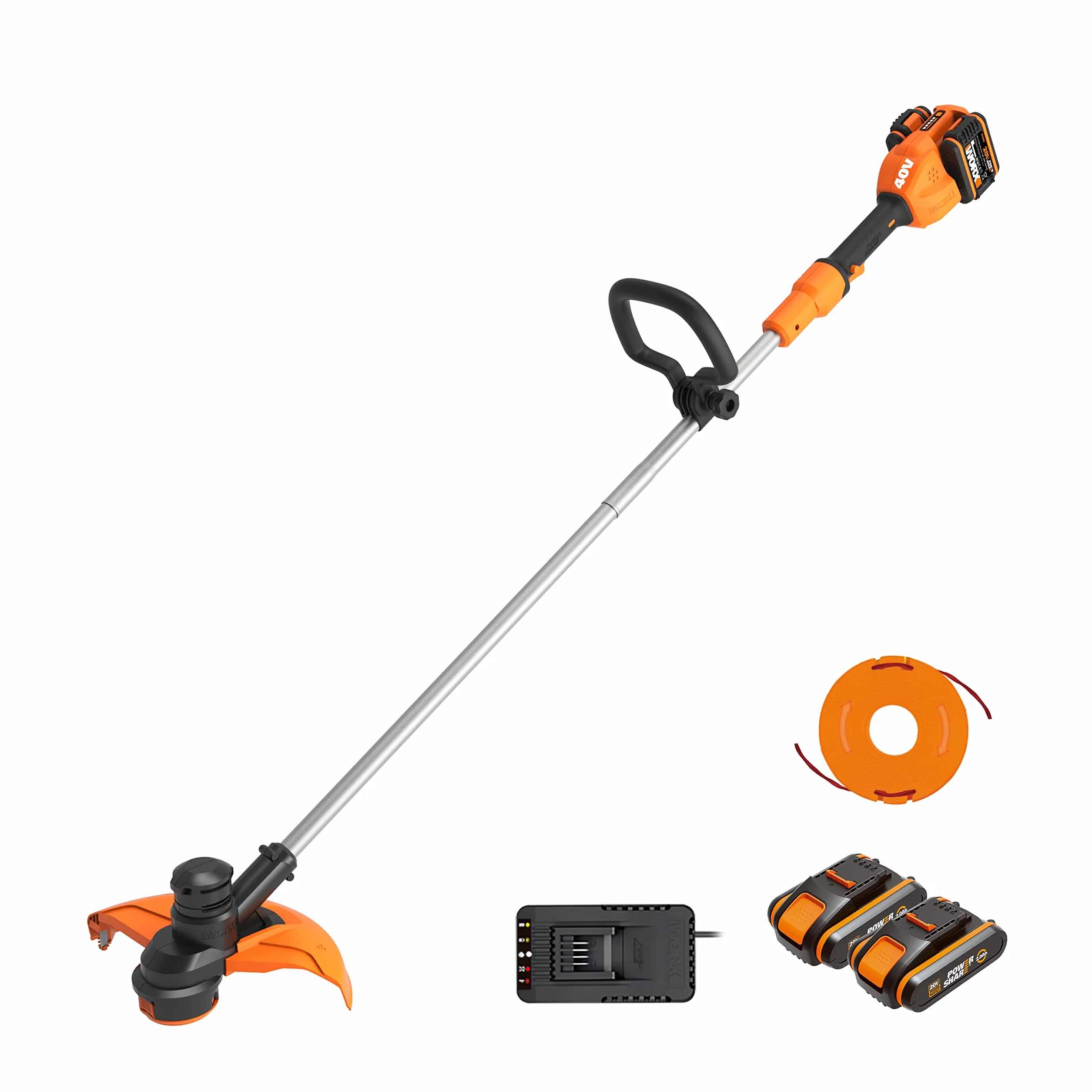 Przecinarka akumulatorowa 40 V maks. (2 x 20 V) WORX | WG183E | Zawiera 2 baterie 2 Ah i podwójną ładowarkę, regulowany uchwyt, podwójna głowica | Automatyczny szpula posuwu
