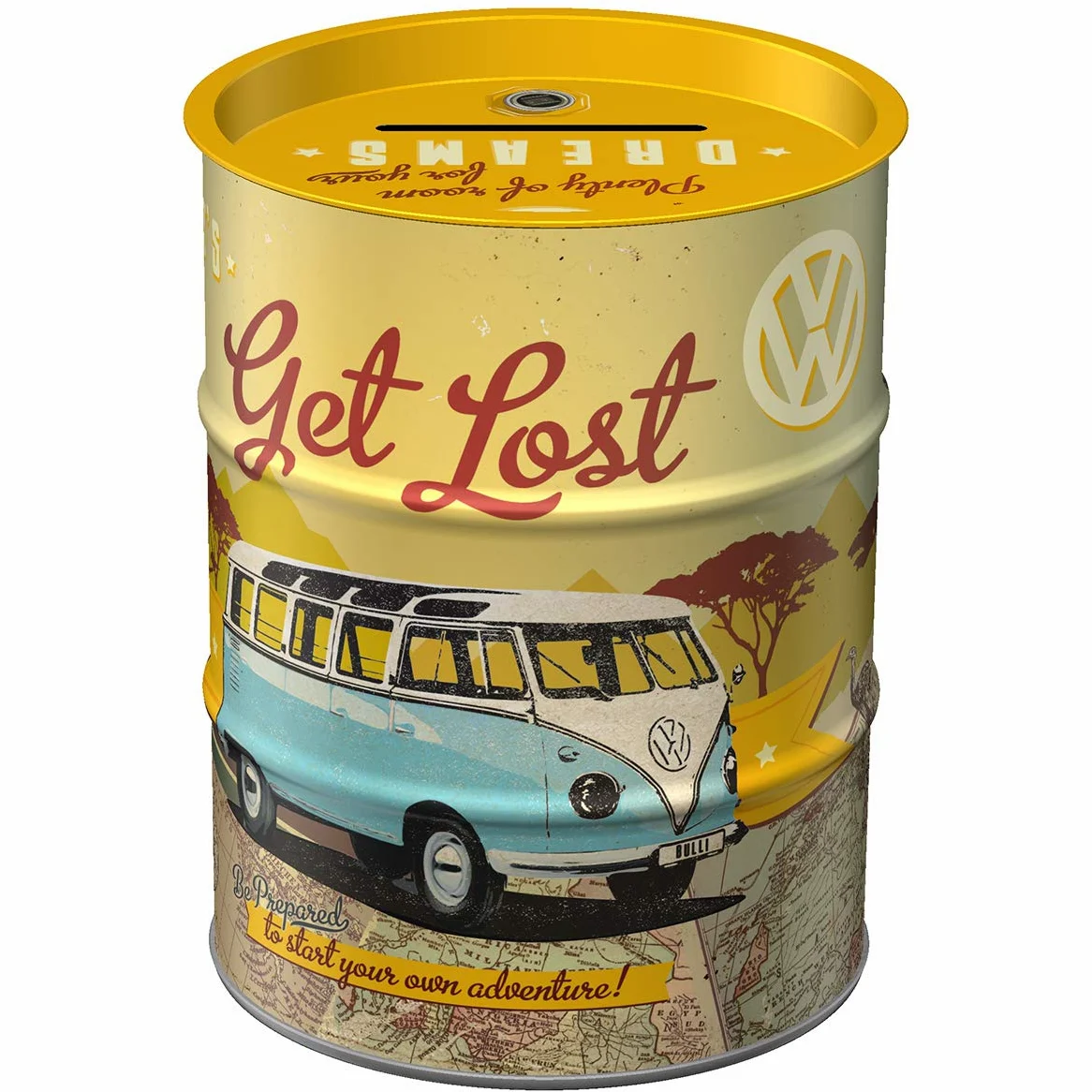 Nostalgic-Art Retro skarbonka, 600 ml, VW Bulli – Let's Get Lost – Pomysł na prezent dla miłośnika Volkswagena Busa, Official License Product (OLP), metalowa skarbonka, Styl vintage