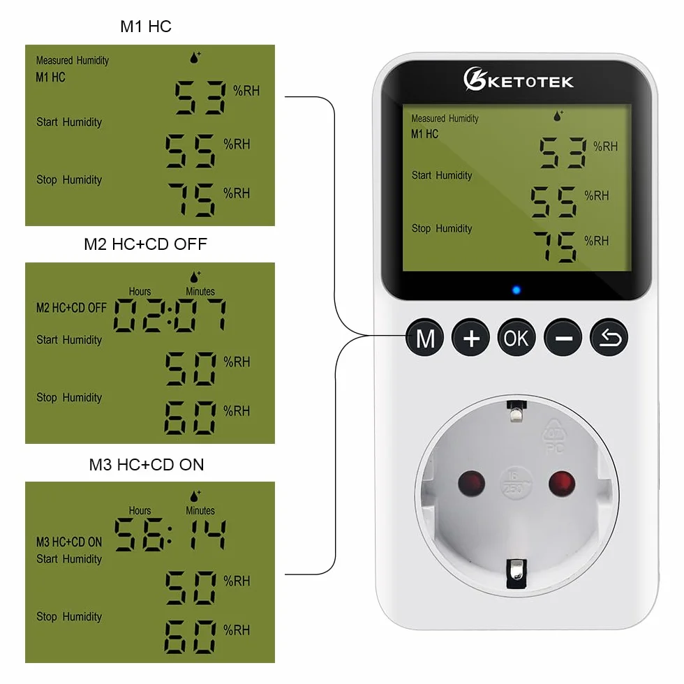 KETOTEK Higrostat, regulator wilgotności z czujnikiem 230 V, cyfrowy regulator wilgotności, gniazdko elektryczne przełącznik do szklarni, terrarium, osuszacza powietrza, nawilżacz powietrza