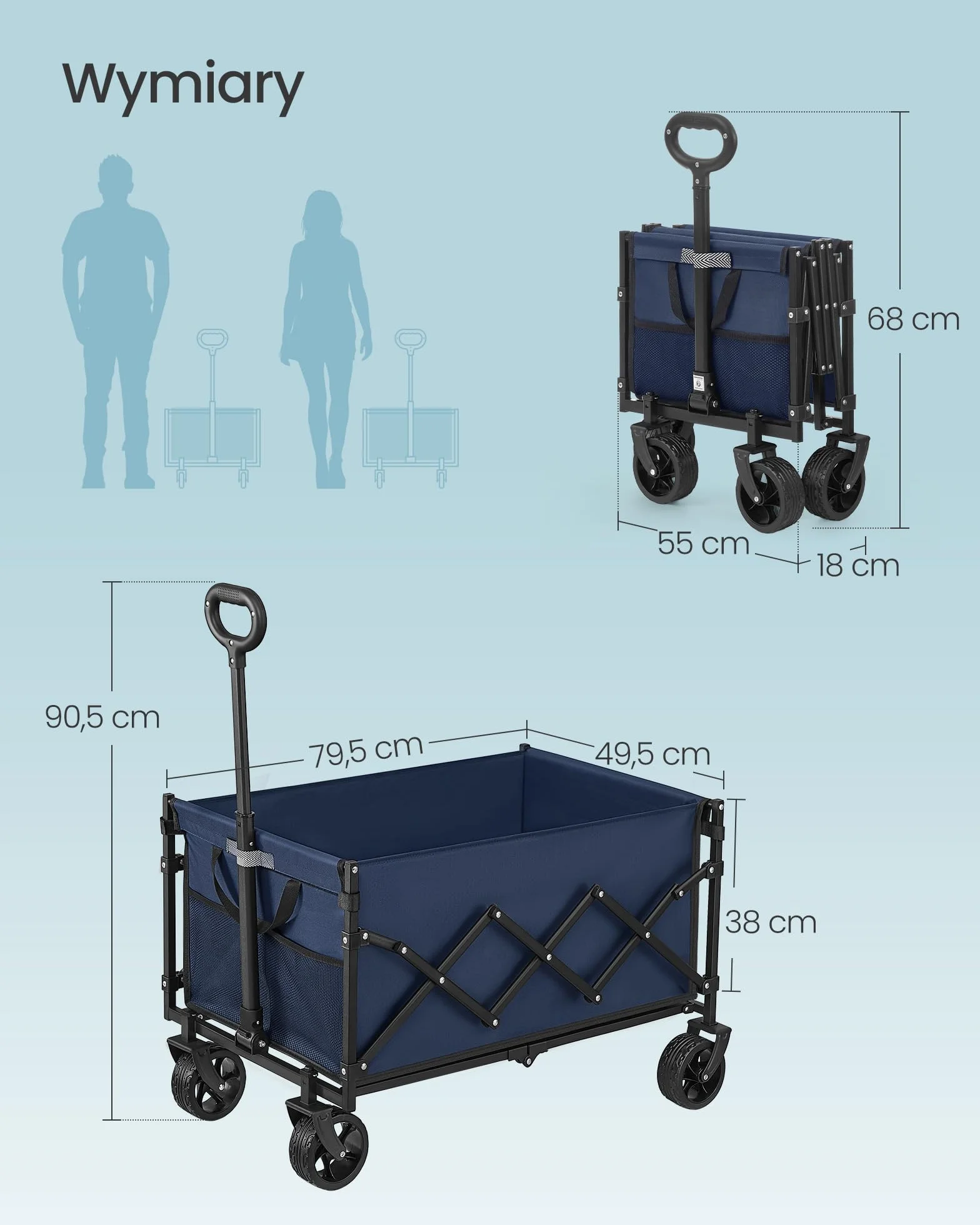 SONGMICS Kleiner Handwagen faltbar, Gartenwagen, kompakt, mit Griff, mit 4 Verstärkten Rollen, davon 2 Universalräder, bis 120 kg belastbar, Outdoor, Garten, 150 L, mitternachtsblau GFW150QE01
