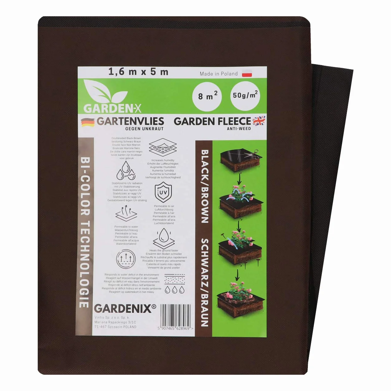 GARDENIX 8 m² Dwukolorowa brązowo-czarna tkanina antychwastowa 50 g/m² ‒ polar ogrodowy o wysokiej stabilizacji UV, odporny na rozdarcie i przepuszczalny dla wody (1,6 m x 5 m)