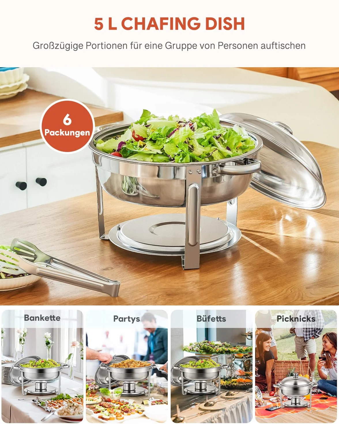 Wilprep podgrzewacz 5L 6-częściowy zestaw okrągłych pojemników termicznych ze stali nierdzewnej Chafing Dishes podgrzewacz do potraw, pojemnik termiczny, podgrzewacz do zup Bain Marie pojemnik do
