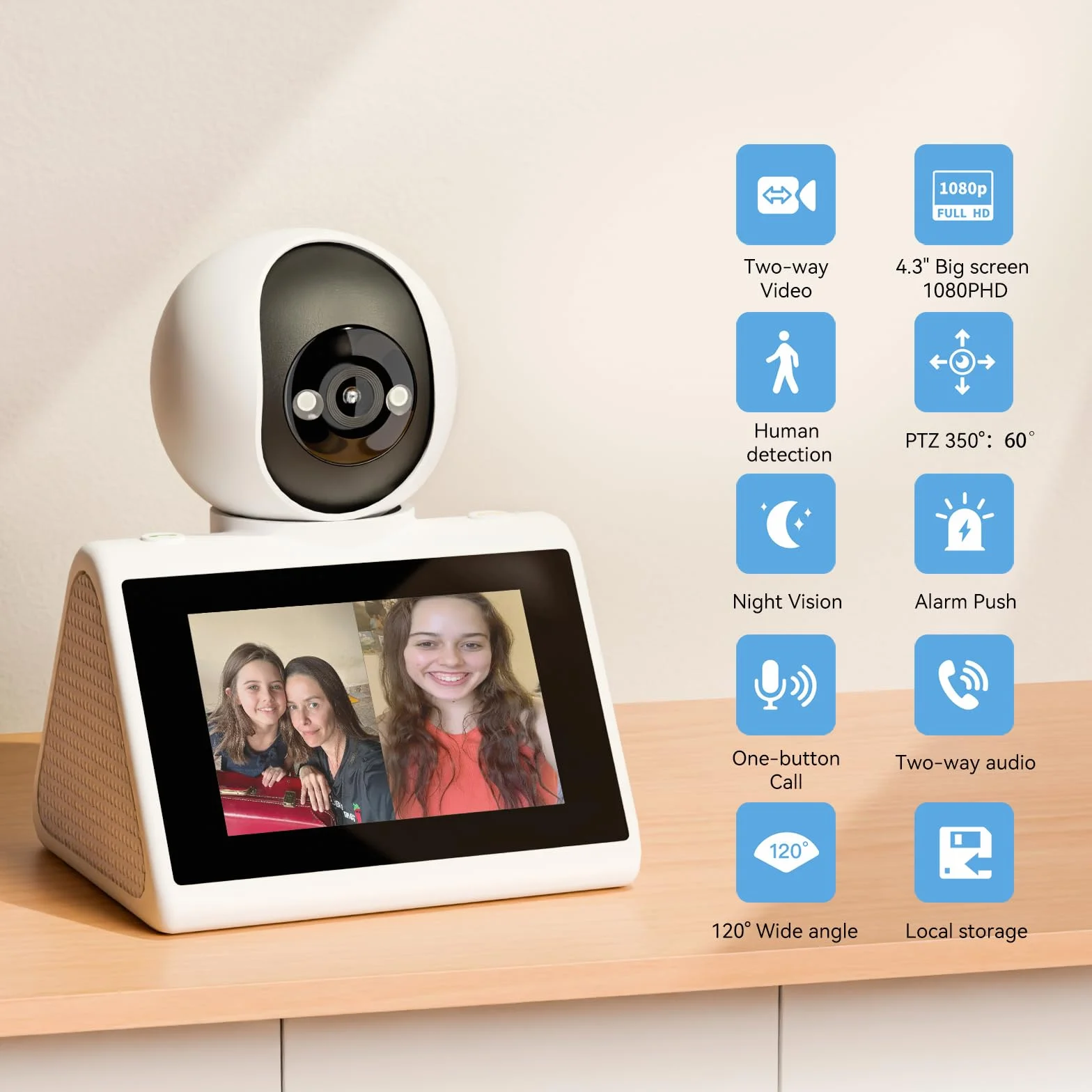 Kamera bezpieczeństwa domowego z ekranem 4,3", dwukierunkowa kamera wideo dla seniorów, niemowląt i zwierząt domowych, kamera 1080p dla psów z czujnikiem ruchu