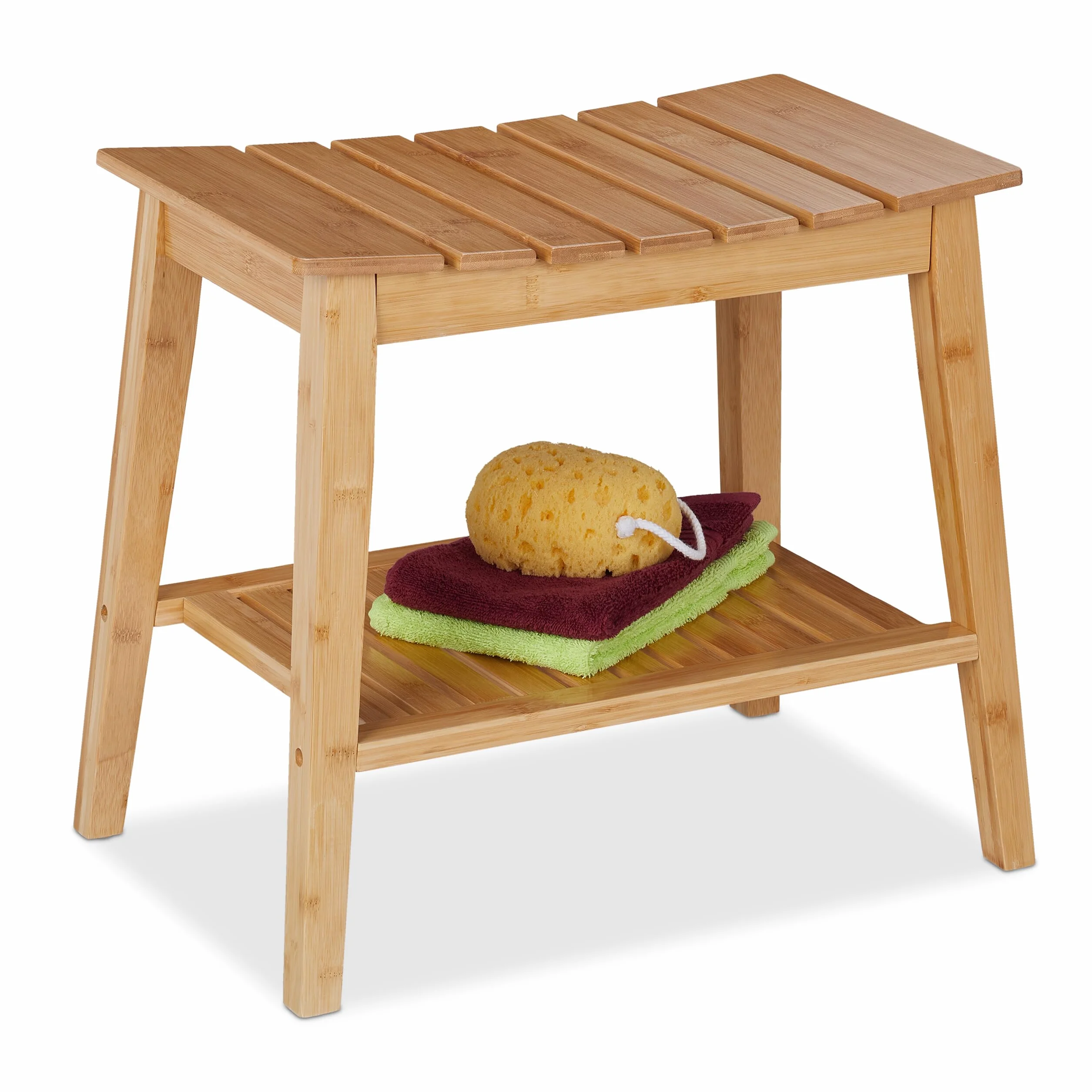 Relaxdays Taboret łazienkowy z dodatkową półką, taboret do siedzenia z bambusa, wys. x szer. x gł.: 45 x 51,5 x 34 cm, miejsce do przechowywania przedpokoju i łazienki, kolor naturalny