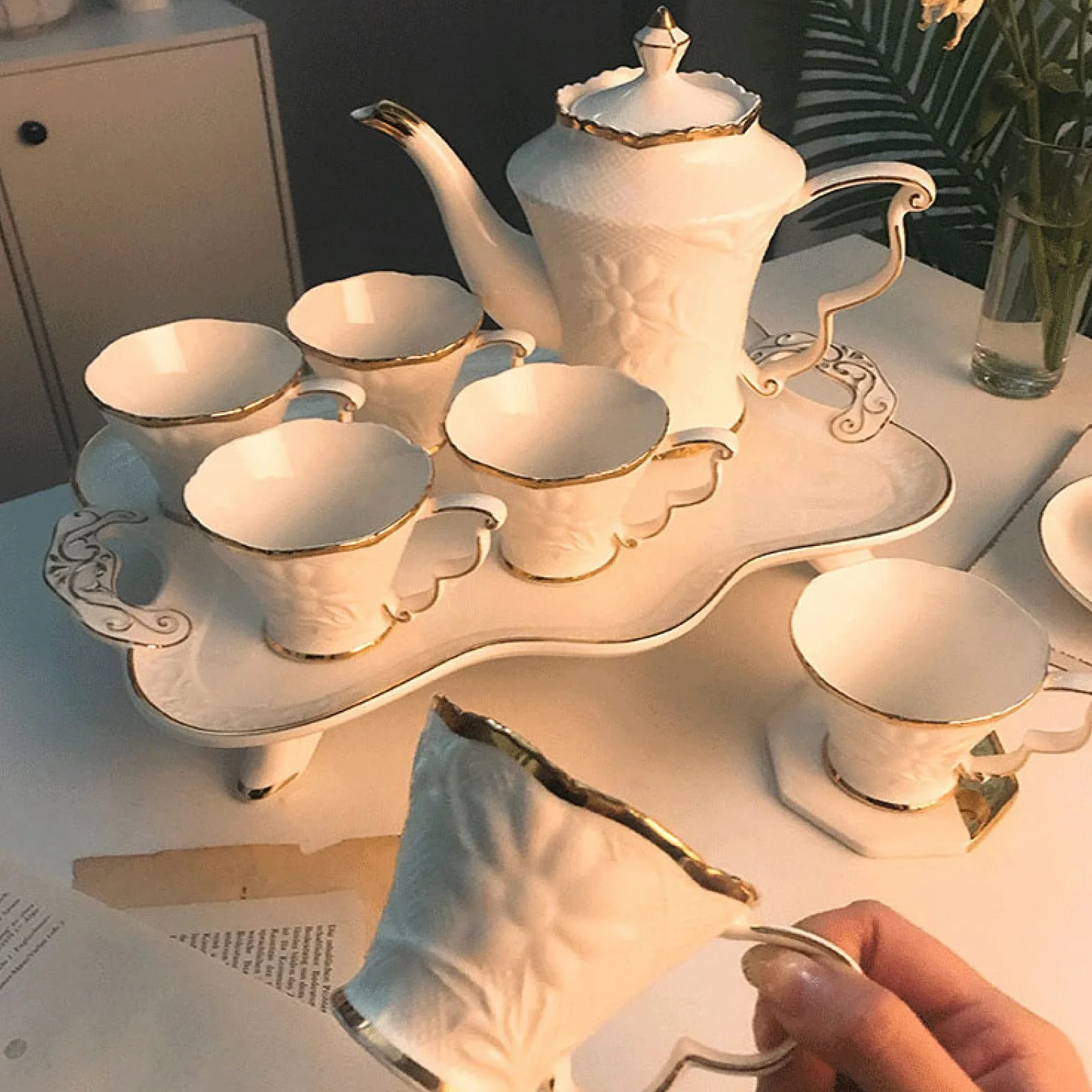 Herbaty i talerze, Filiżanka do kawy i spodek Zestaw do herbaty dla dorosłych Zestaw do herbaty z czajnikiem Porcelanowy serwis do podwieczorku Herbata kwitnąca
