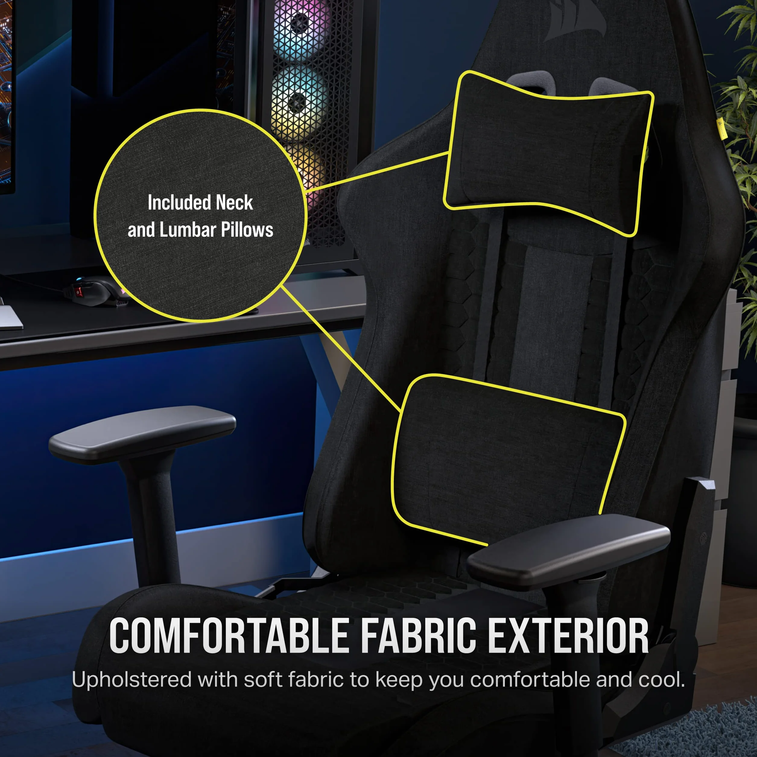 Corsair TC100 Relaxed Fotel do gier - tkanina - design inspirowany sportami motorowymi - poduszka lędźwiowa - odpinana poduszka na kartkę z pianki memory - czarny