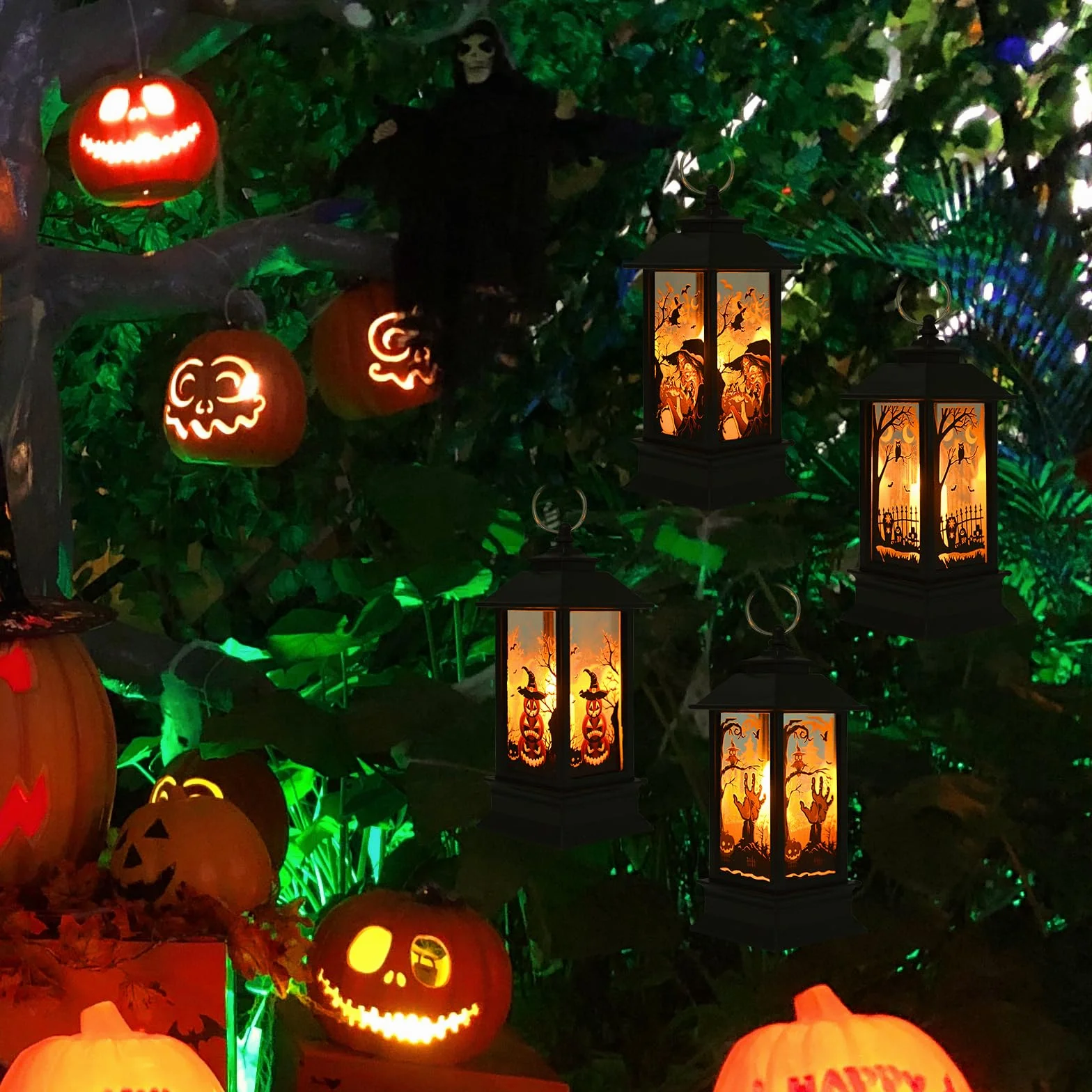 4 latarnie dekoracja LED na Halloween, świecąca wisząca latarnia, wzór dyni, wrony, wiedźmy, dłoni ducha, do wewnątrz i na zewnątrz, na wakacje, do ogrodu, na Halloween, imprezę do dekoracji