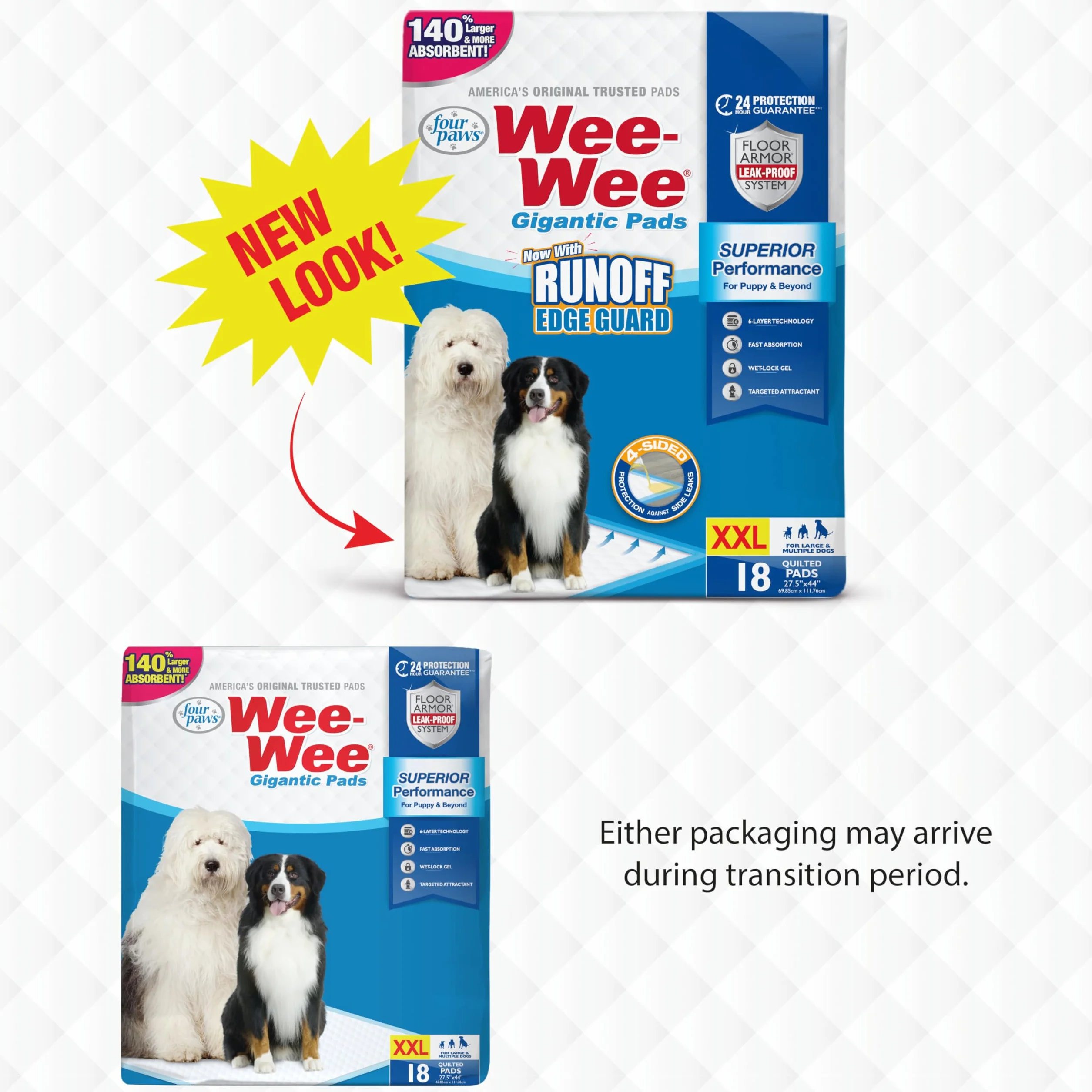 Four Paws Wee-Wee najwyższej jakości podkładki do siusiu dla psów i szczeniaków, z 6-warstwową technologią szczelną, do treningu w domu, gigantyczne, 69,85 x 111,76 cm, 18 szt