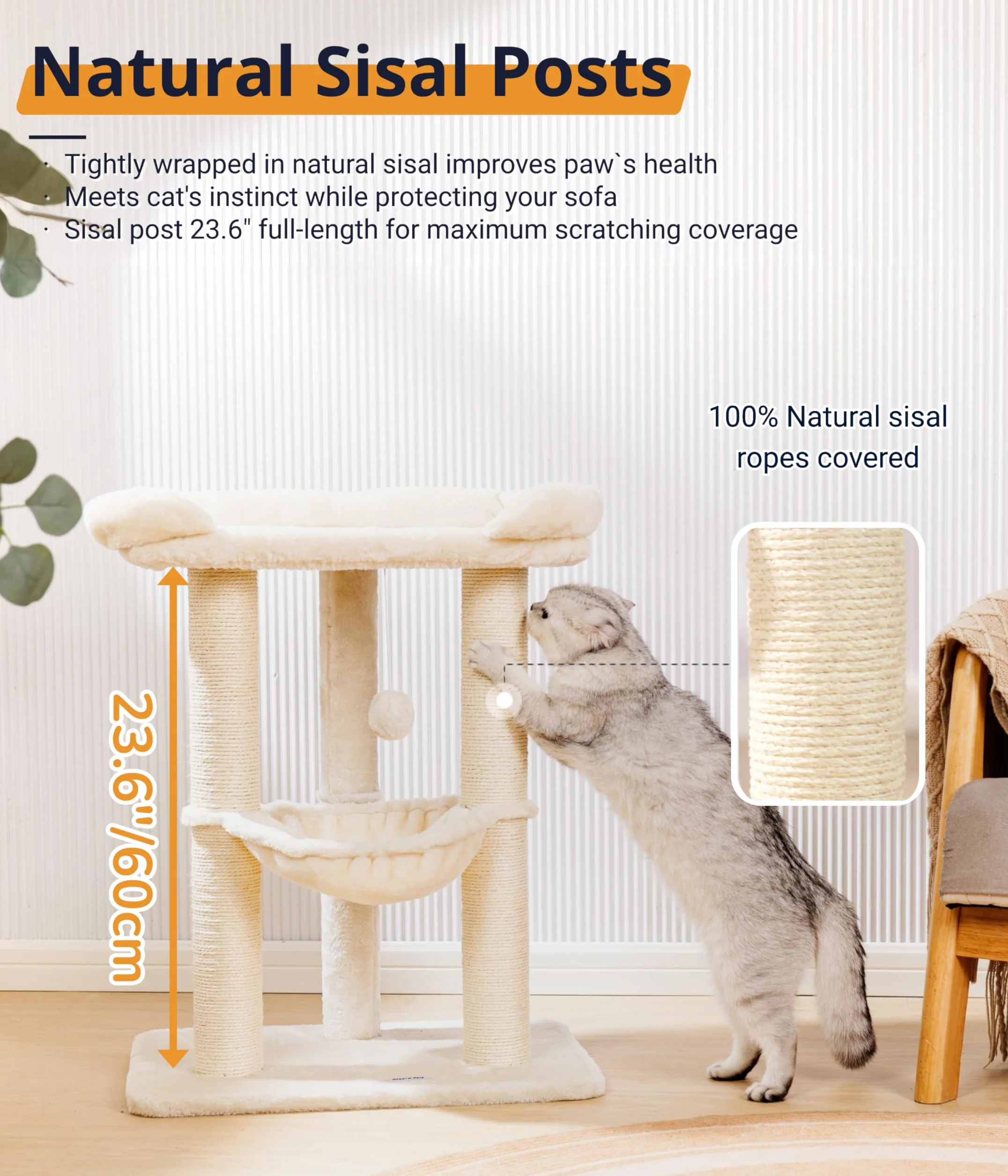 Happi N Pets Duża wieża dla kotów 71 cm drapak sizalowy z hamakiem dla dużych kotów Maine Coon