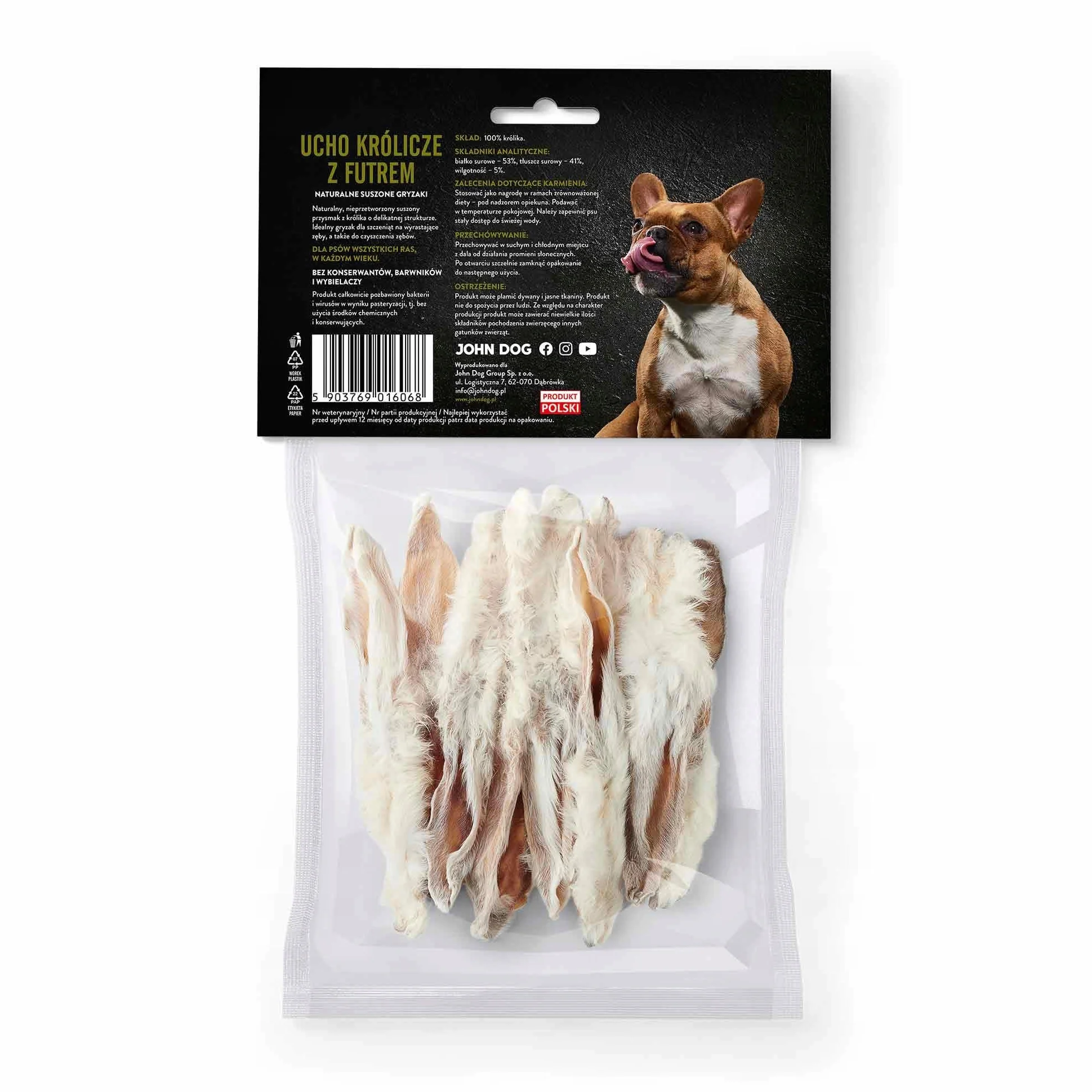 JOHN DOG Ucho królicze z futrem suszony gryzak dla psa 10 szt.