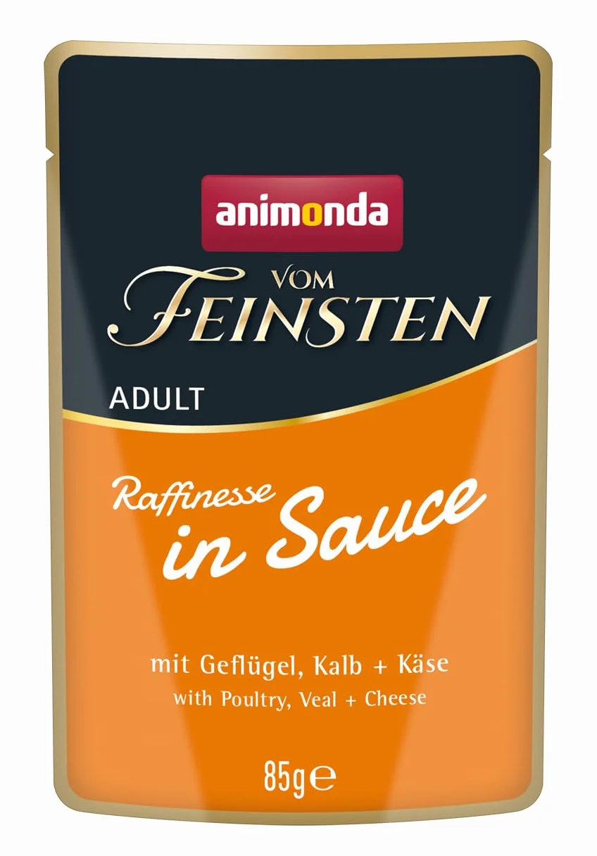 animonda vom Feinsten Premium karma dla kotów mokra w sosie wyrafinowanym, 24 worki porcjowe (24 x 85 g), mokra karma dla kotów bez zbóż, bez cukru, ze świeżymi mięsistymi składnikami
