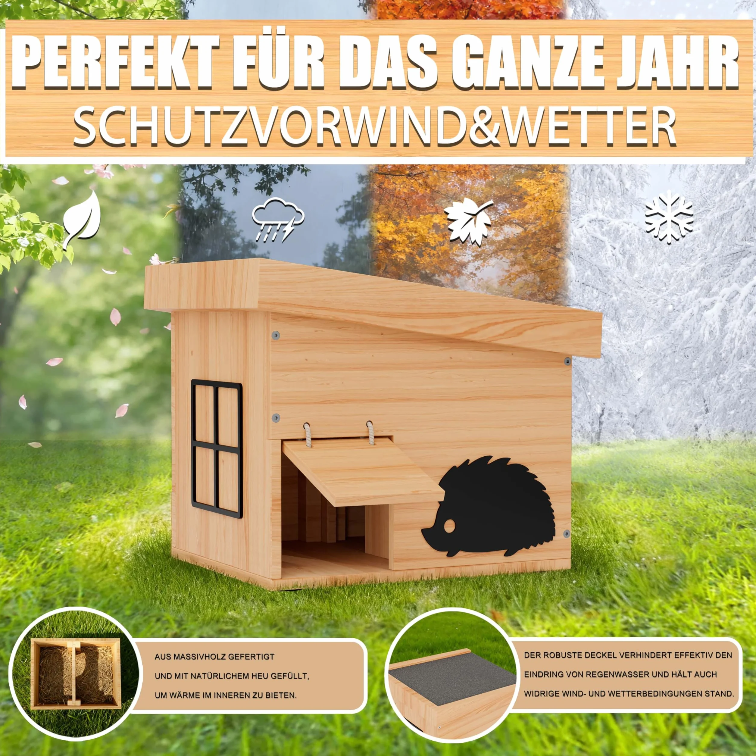 Mihoho Domek dla jeży, z drewna, domek dla jeży, z podłożem, odporny na działanie warunków atmosferycznych, domek zimowy dla jeży, sypialni, ogrodu, zestaw montażowy (buk)