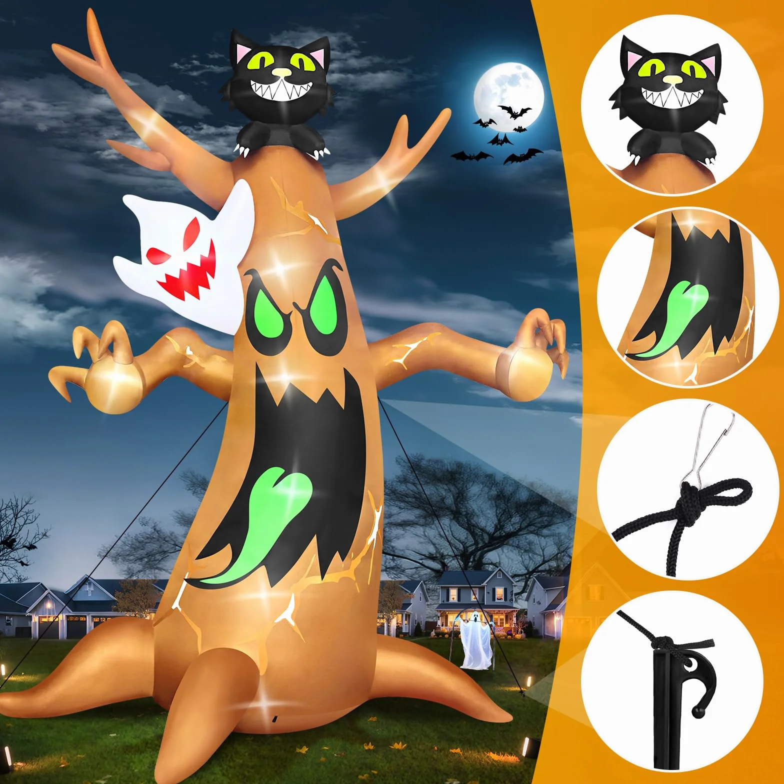 Nadmuchiwane drzewo na Halloween, Kalolary duże Halloween nadmuchiwane drzewo duchów wysadzane dekoracje zewnętrzne czarny kot wakacje podwórko trawnik nadmuchiwane dekoracje do centrum handlowego